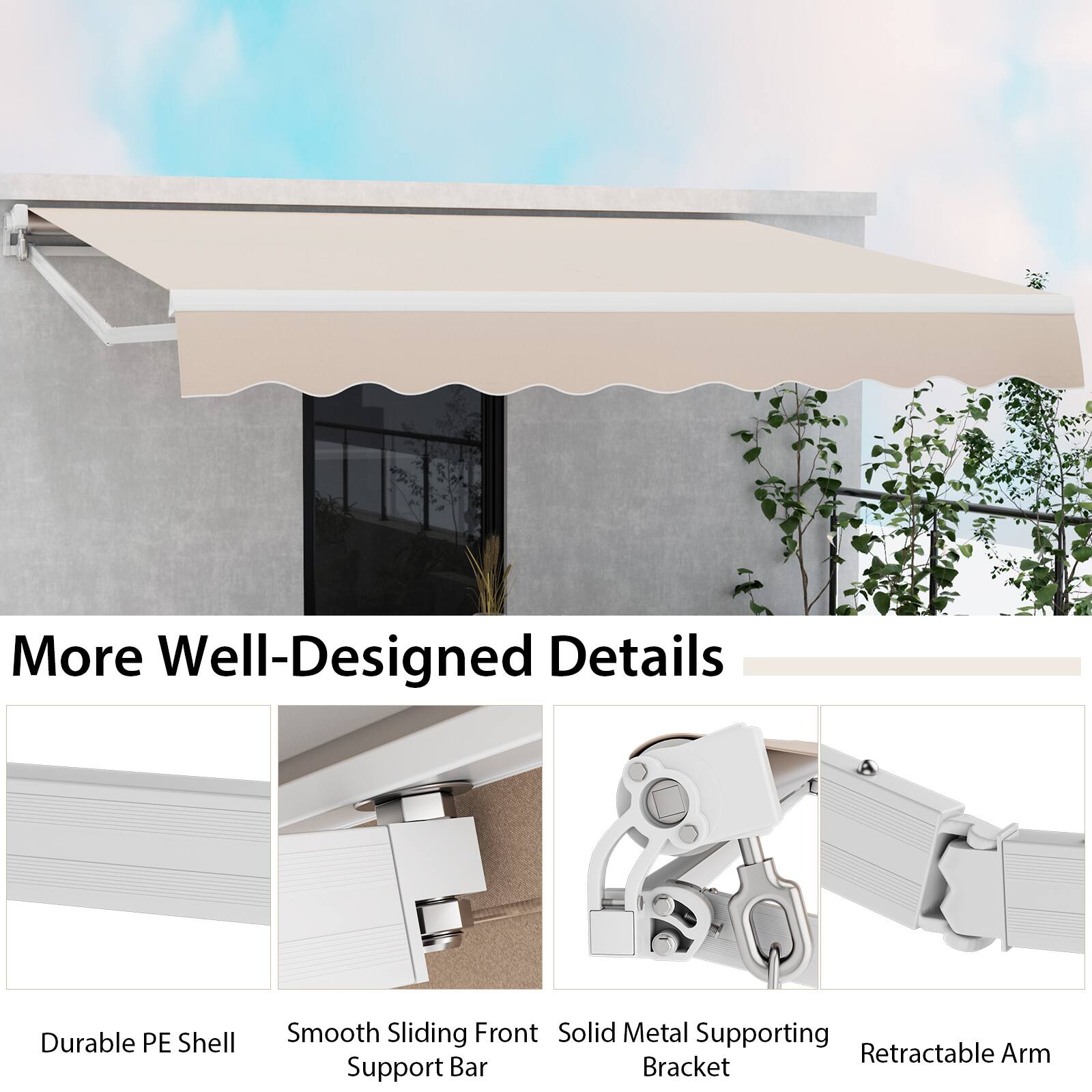 More Well-Designed Details  
- Durable PE Shell  
- Smooth Sliding Front Support Bar  
- Solid Metal Supporting Bracket  
- Retractable Arm