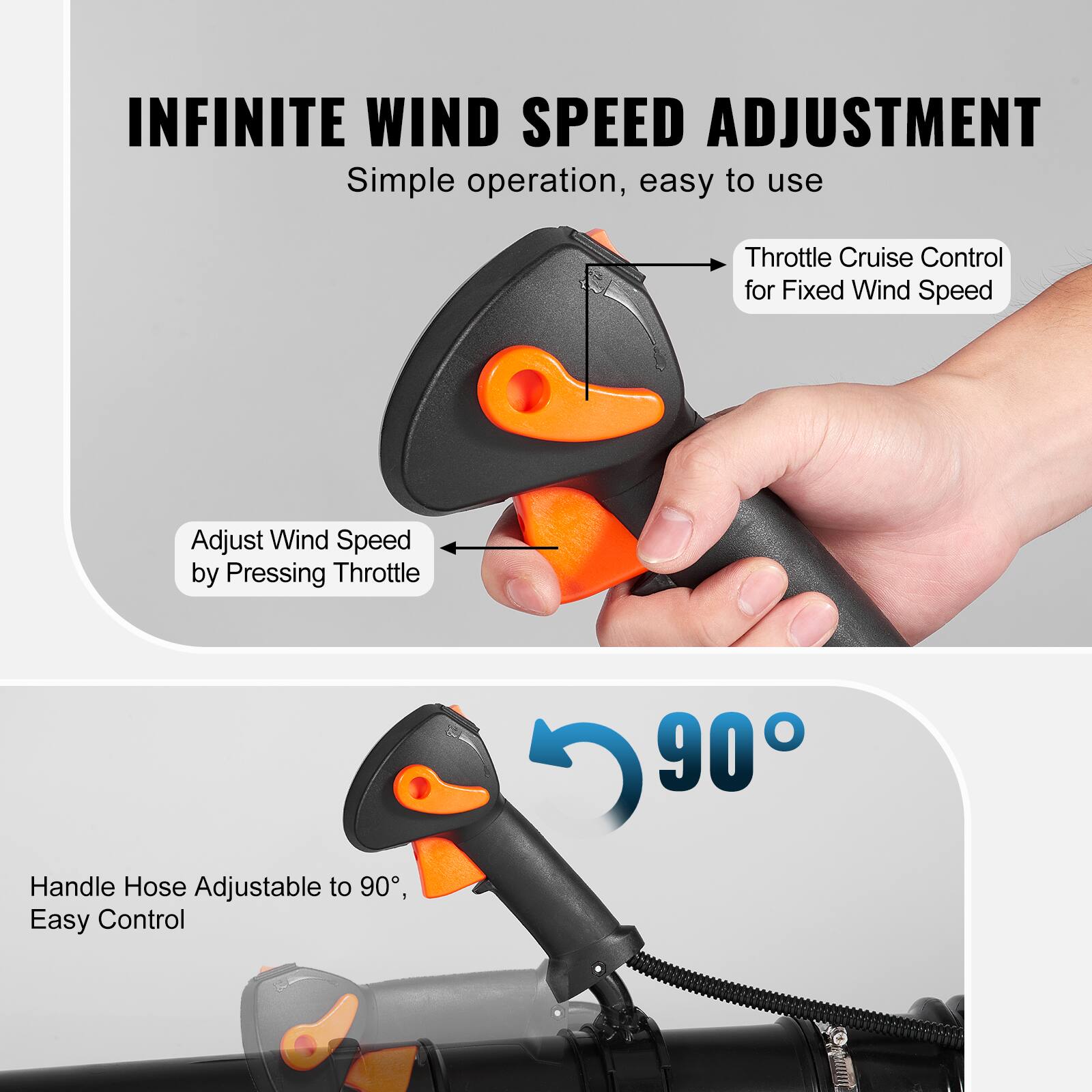INFINITE WIND SPEED ADJUSTMENT  
Simple operation, easy to use  

Adjust Wind Speed by Pressing Throttle  

Throttle Cruise Control for Fixed Wind Speed  

Handle Hose Adjustable to 90°, Easy Control