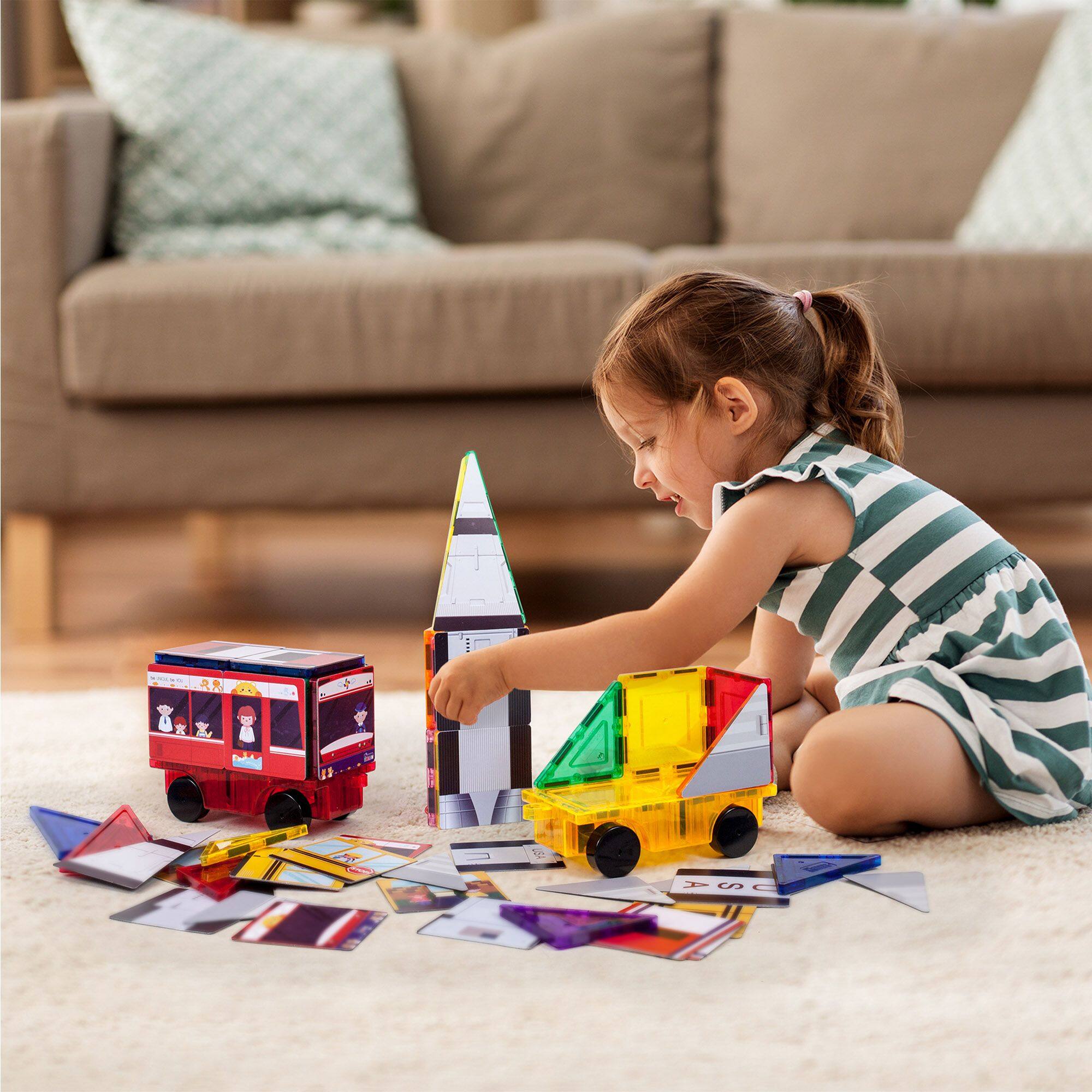 Alt View 1. PicassoTiles - PICASSO-TILES 64PCS Magnetic Tile Building Blocks, 3-in-1 Rocket, Train & School Bus Toy Set, Educational Kit for Kids.