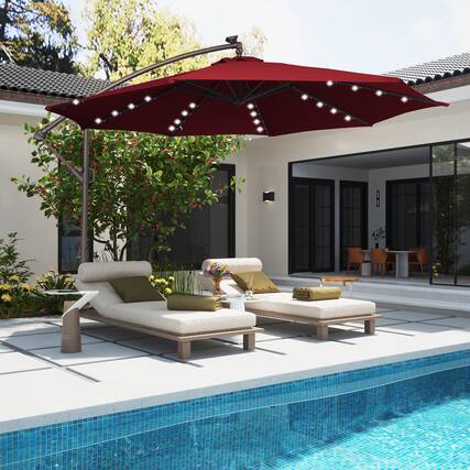 Front. Mondawe - 11ft Offset Patio Umbrella 360°Rotate,Easy Tilt,Solar Lights - Red.