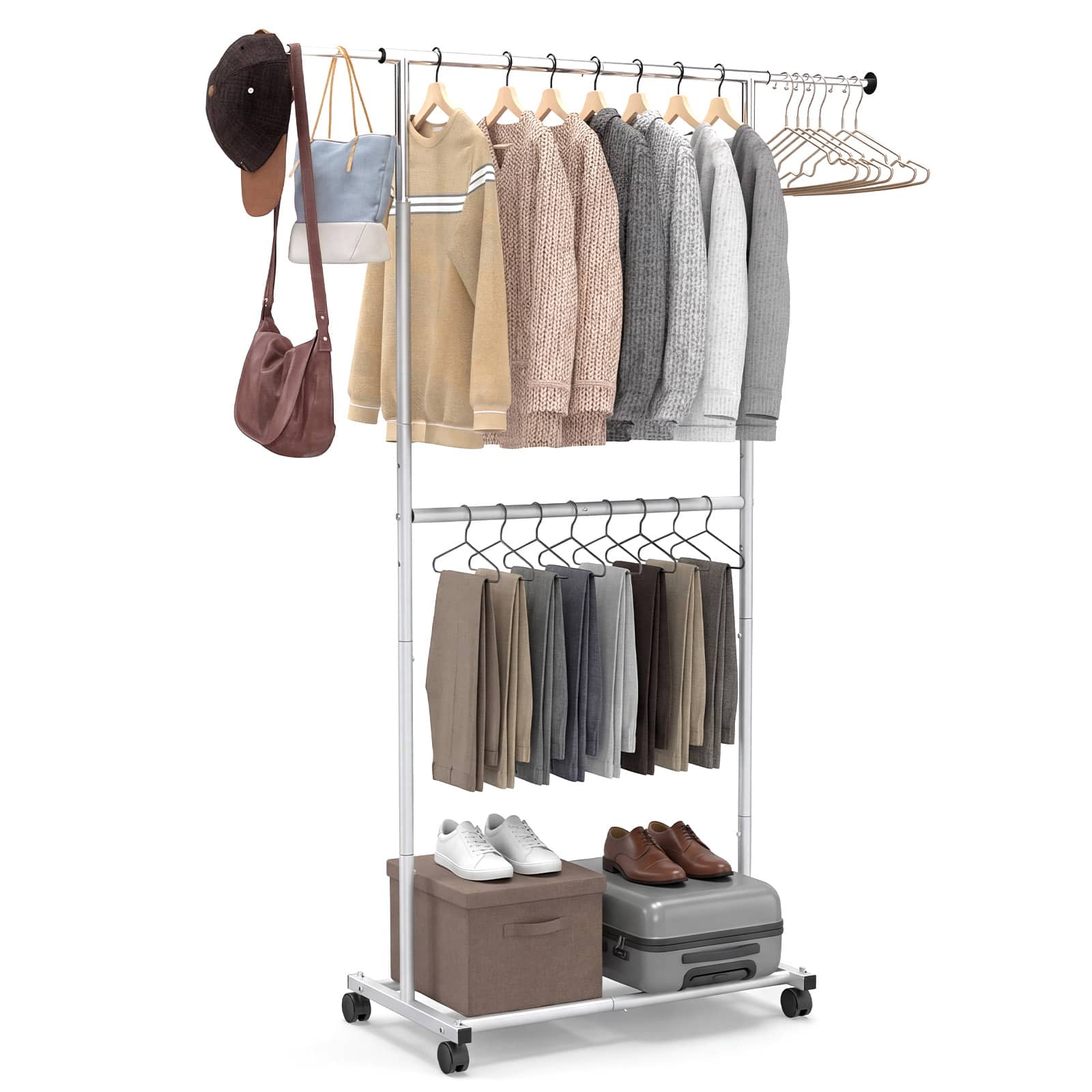 Front. Costway - Costway Rolling Clothes Rack, Double-Rod Extendable Garment Stand for Hanging Clothes - Silver.