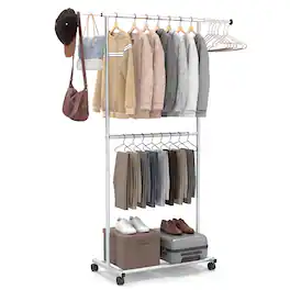 Costway - Rolling Clothes Rack, Double-Rod Extendable Garment Stand for Hanging Clothes - Silver
