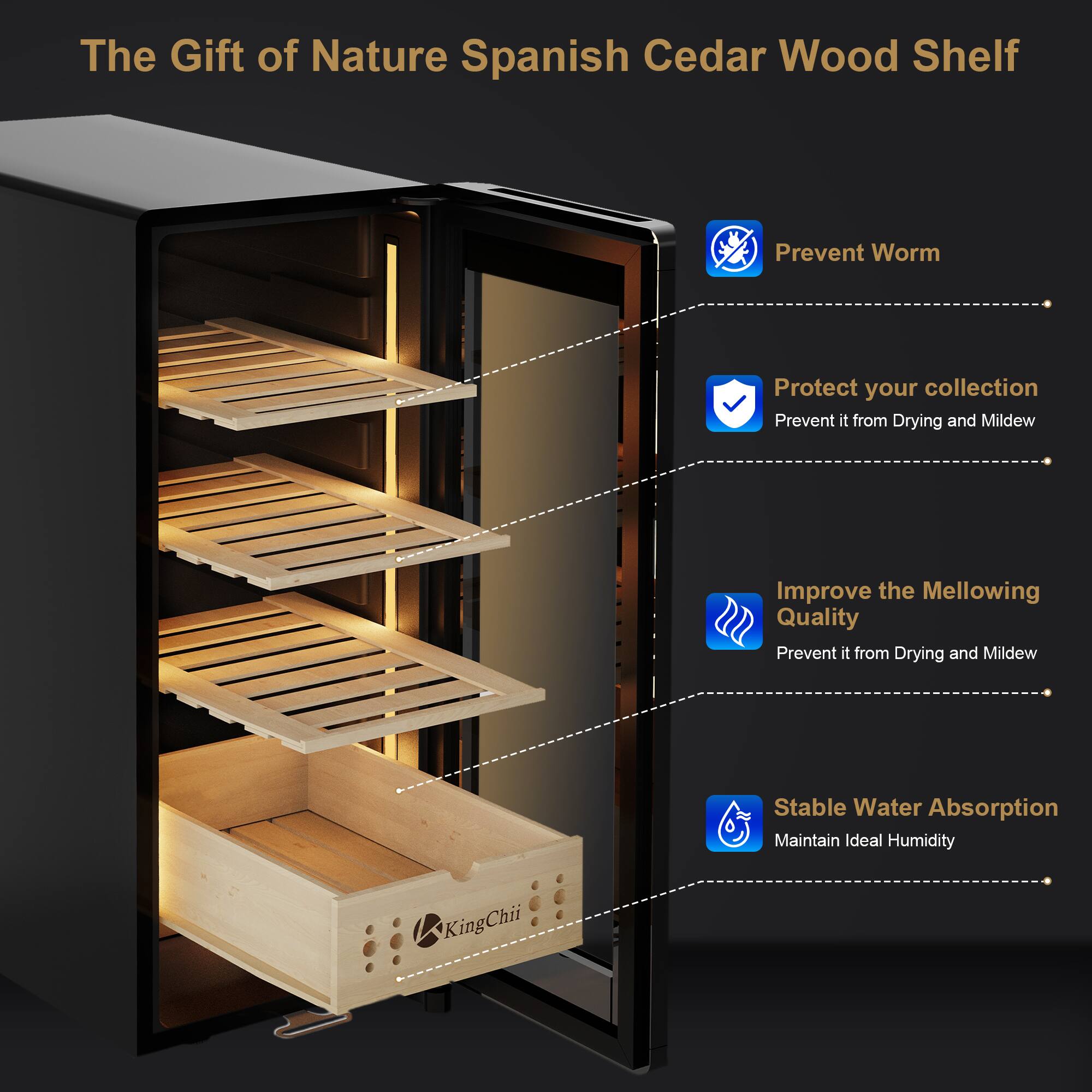The Gift of Nature Spanish Cedar Wood Shelf

- Prevent Worm
- Protect your collection Prevent it from Drying and Mildew
- Improve the Mellowing Quality Prevent it from Drying and Mildew
- Stable Water Absorption Maintain Ideal Humidity

KingChii