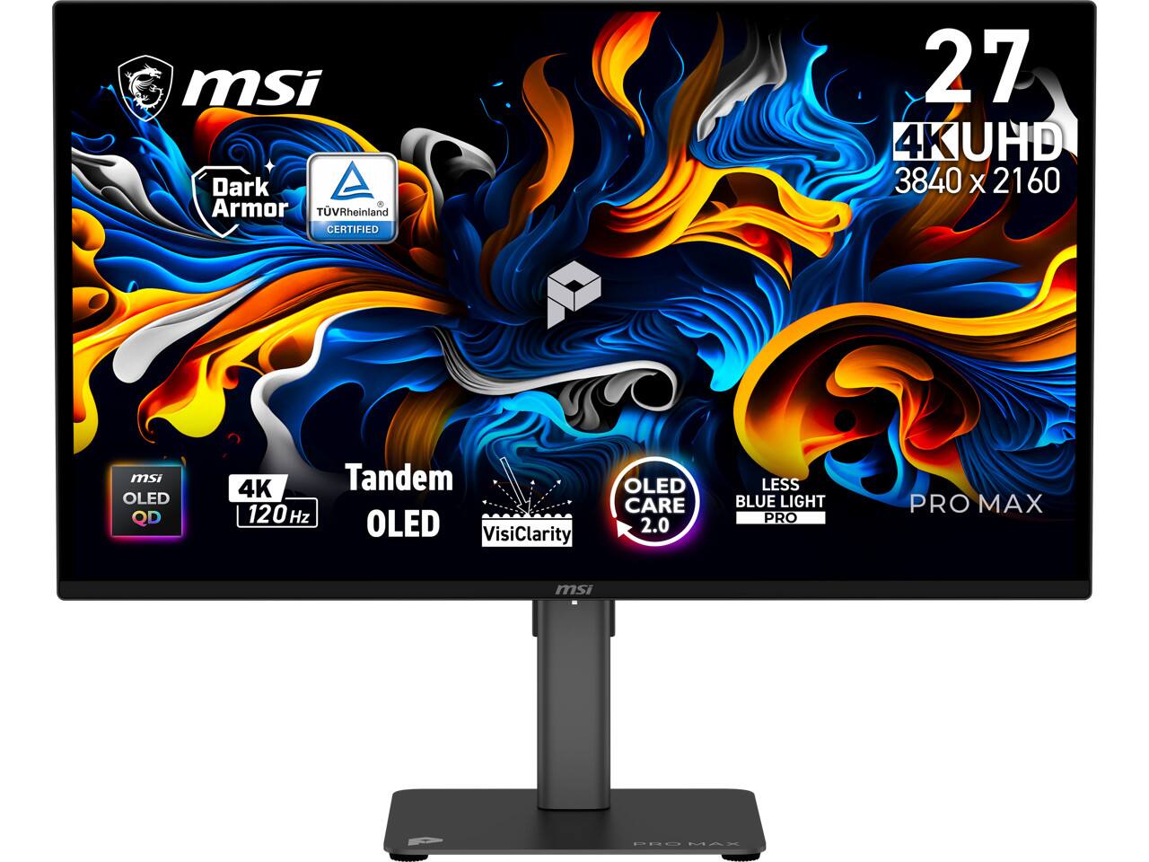 msi Dark Armor TVRheinland CERTIFIED 27 4K UHD 3840 X 2160 msi OLED QD 4K Tandem 120 Hz OLED VisiClarity OLED CARE 2.0 LESS BLUE LIGHT PRO PRO MAX