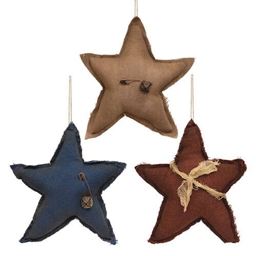 Front. BreeBe - 3/Set Distressed Stuffed Primitive Star Ornaments - Red, Blue, Ivory.