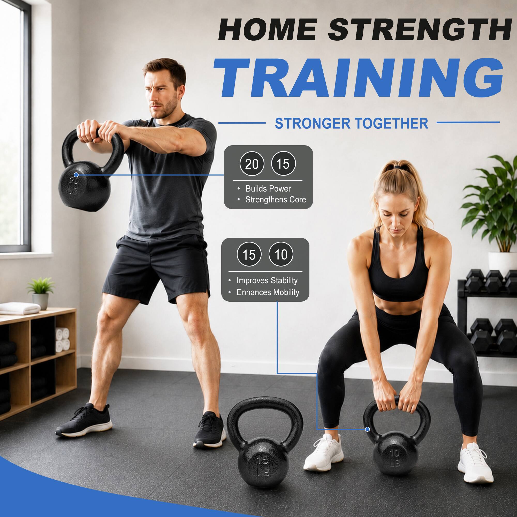 HOME STRENGTH TRAINING  
STRONGER TOGETHER

20  
15  
Builds Power  
Strengthens Core

15  
10  
Improves Stability  
Enhances Mobility