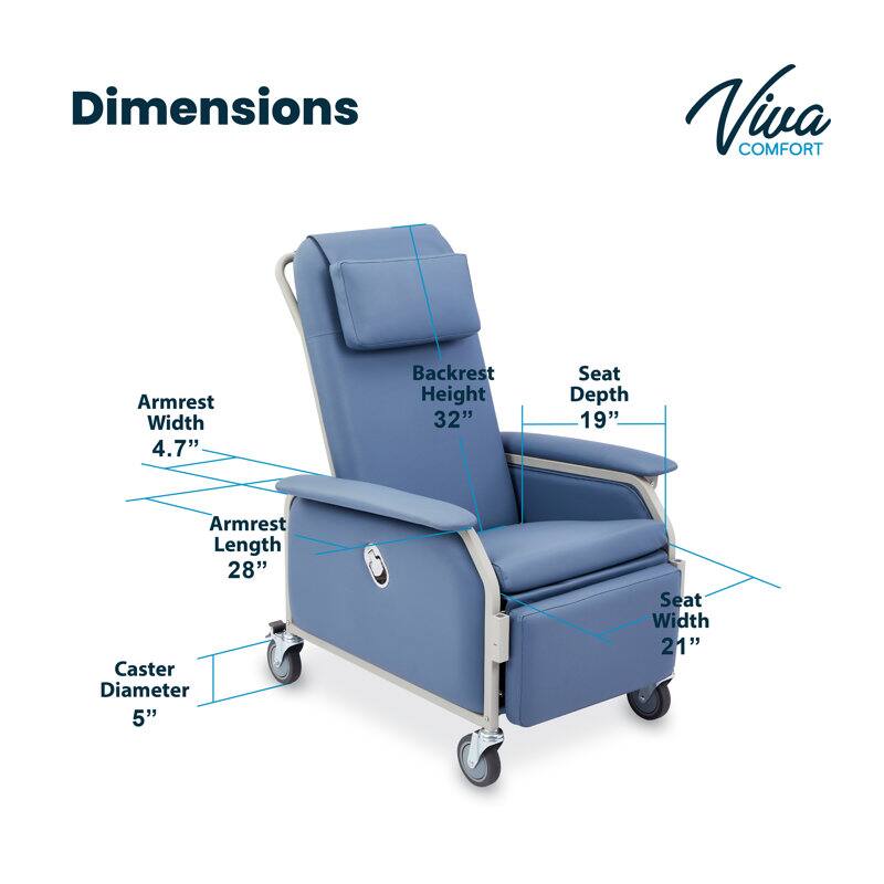 Dimensions Viva Comfort:
- Armrest Width: 4.7"
- Backrest Height: 32"
- Seat Depth: 19"
- Armrest Length: 28"
- Caster Diameter: 5"
- Seat Width: 21"