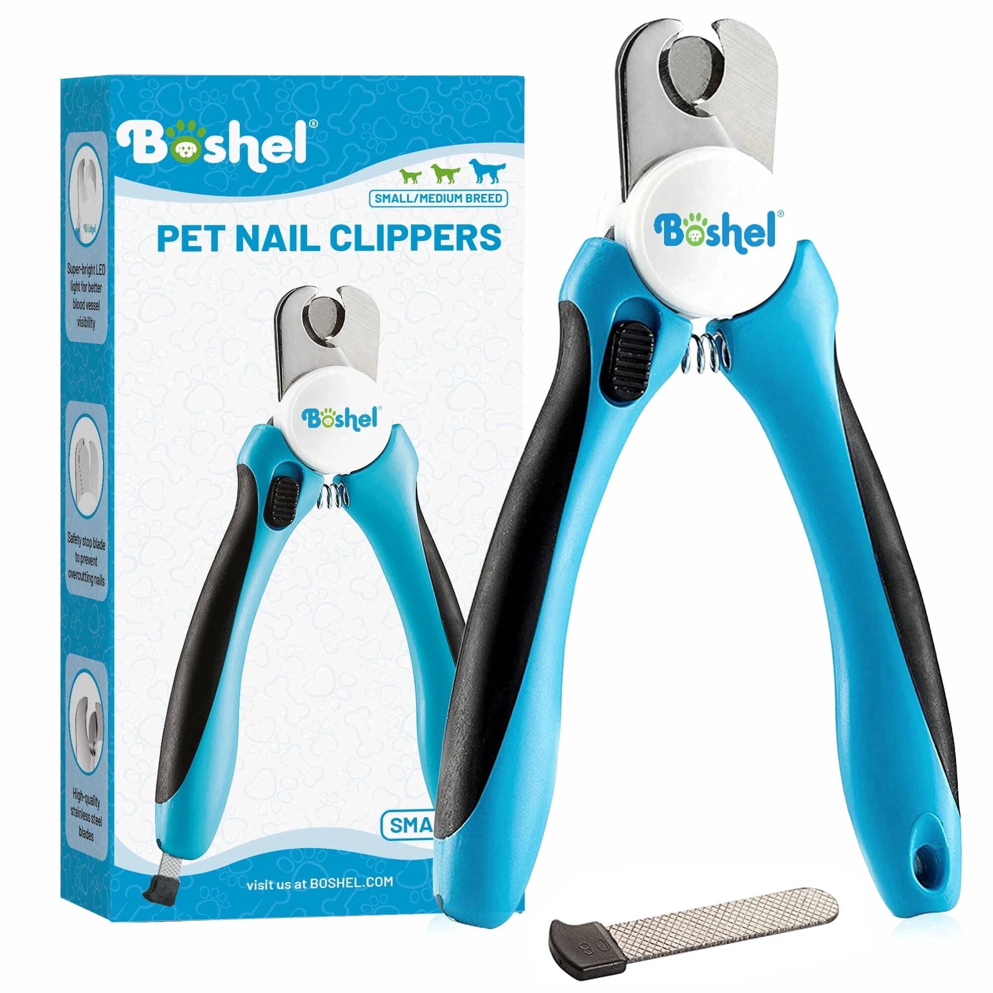 Boshel SMALL/MEDIUM BREED PET NAIL CLIPPERS

- Super-bright LED light for better blood vessel visibility
- Safety stop to prevent over-trimming
- High-quality stainless steel blades

visit us at BOSHEL.COM