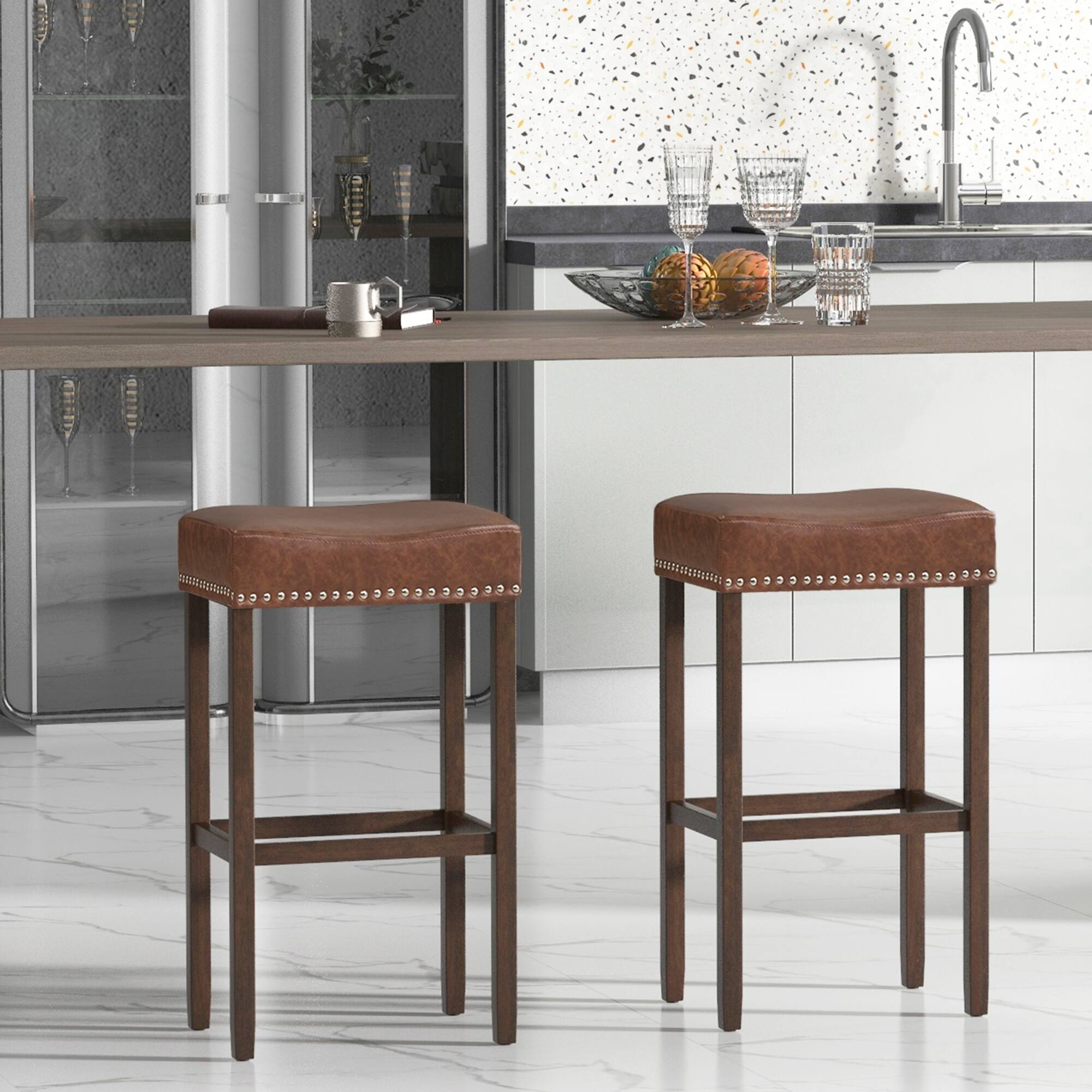 Alt View 5. Gymax - Gymax 4PCS 29.5'' Bar Stool Set Counter Height Saddle Stools w/ Rubber Wood Frame - Brown.