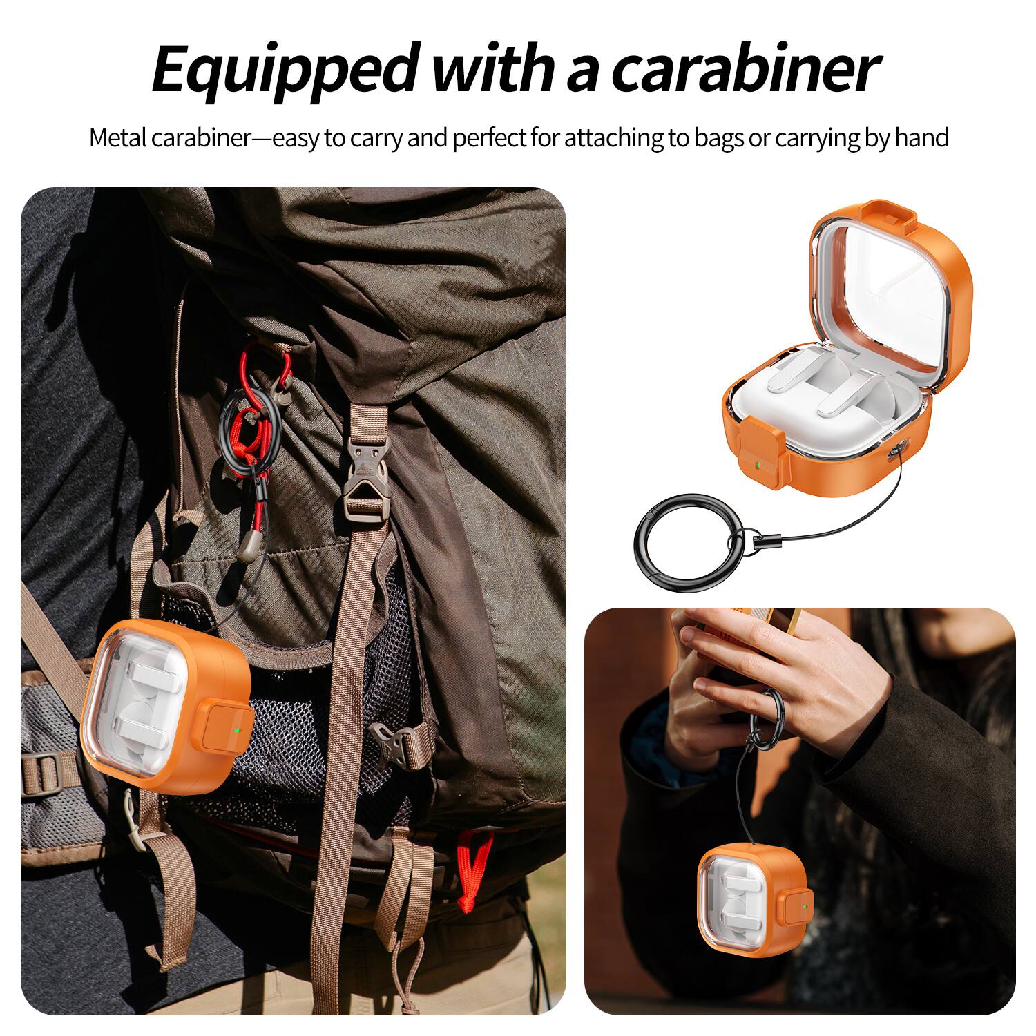 Equipped with a carabiner  
Metal carabiner—easy to carry and perfect for attaching to bags or carrying by hand