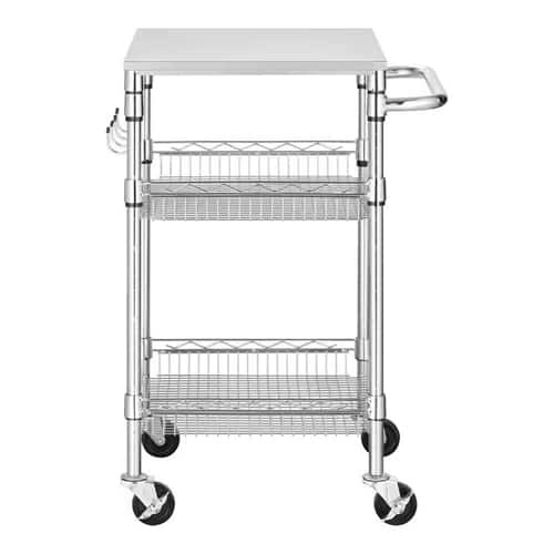 SlickBlue - Compact Kitchen Storage Cart with Steel Top and 2 Bottom Shelves - Silver