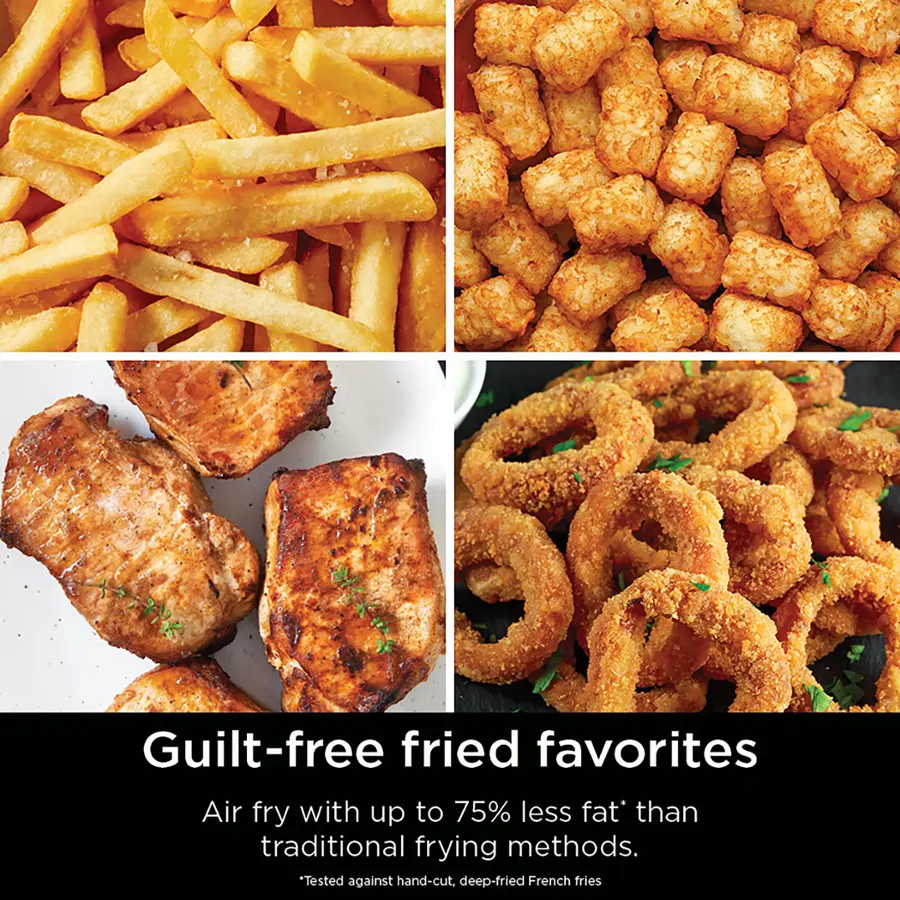 Guilt-free fried favorites Air fry with up to 75% less fat than traditional frying methods. Tested against hand-cut, deep-fried French fries.