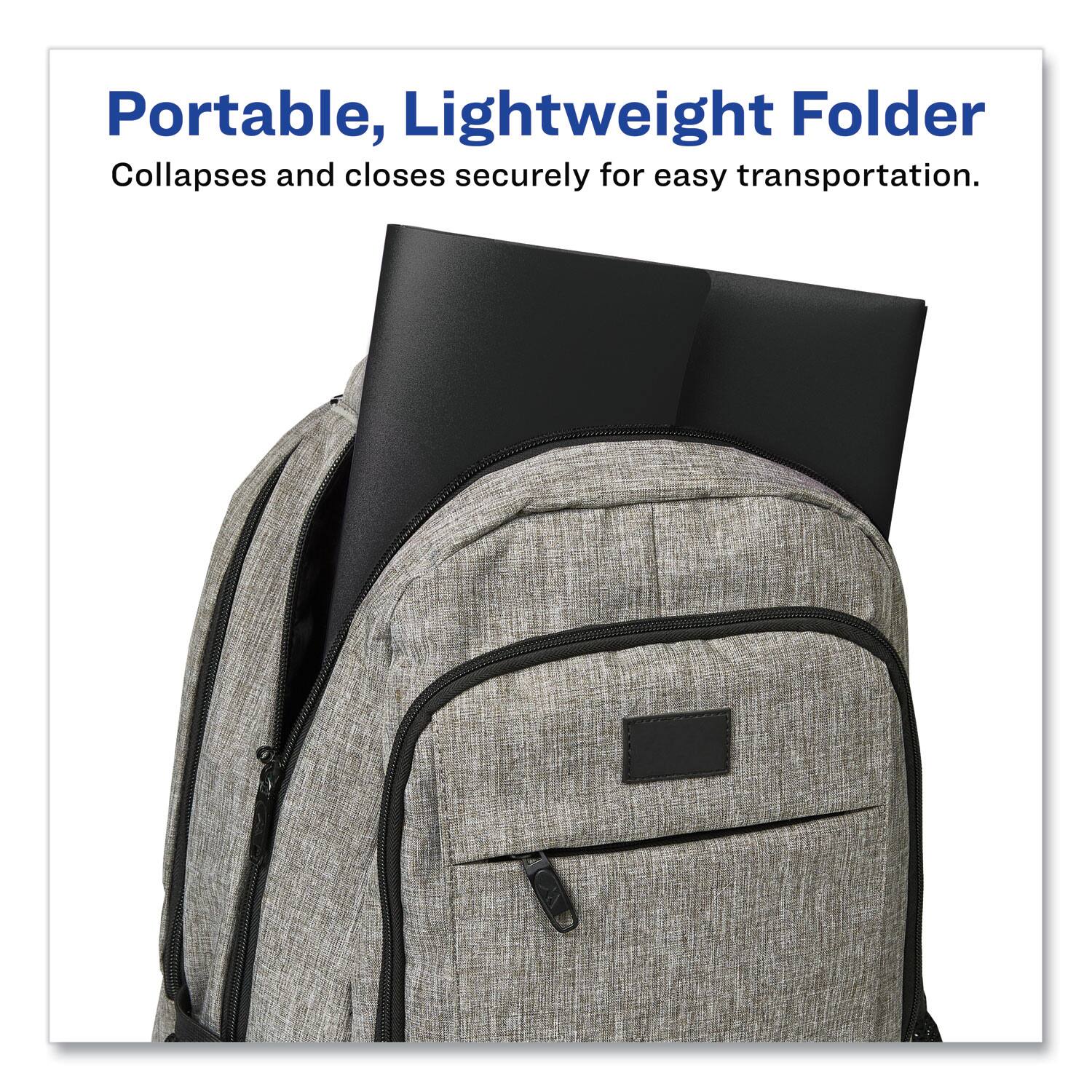 Portable, Lightweight Folder  
Collapses and closes securely for easy transportation.