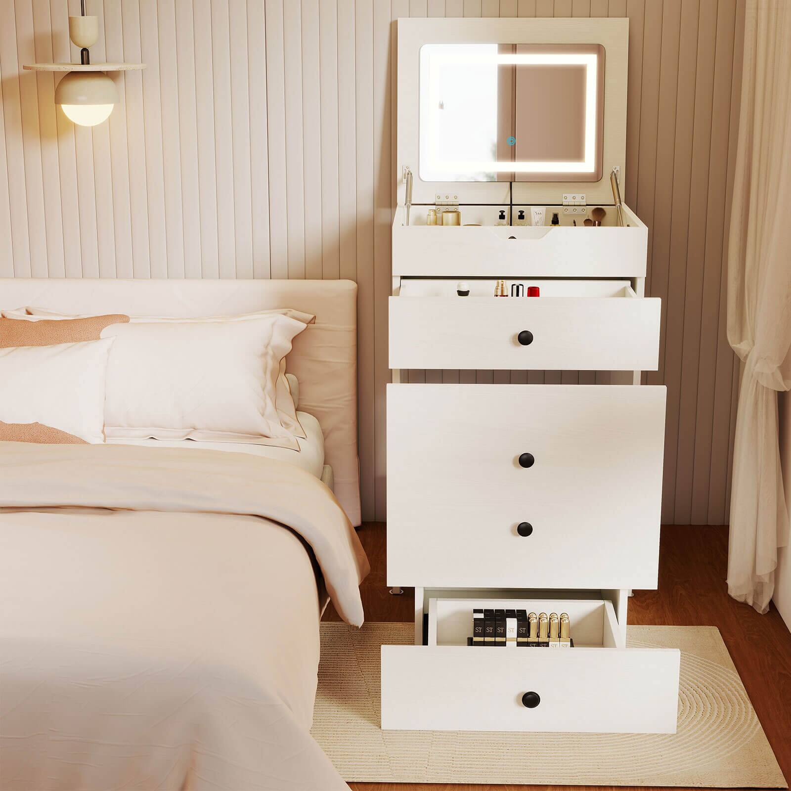 Alt View 2. Costway - Costway 3-in-1 Small Vanity Desk Set with Flip-top Mirror, Lights, Drawers, Storage Stool - White.