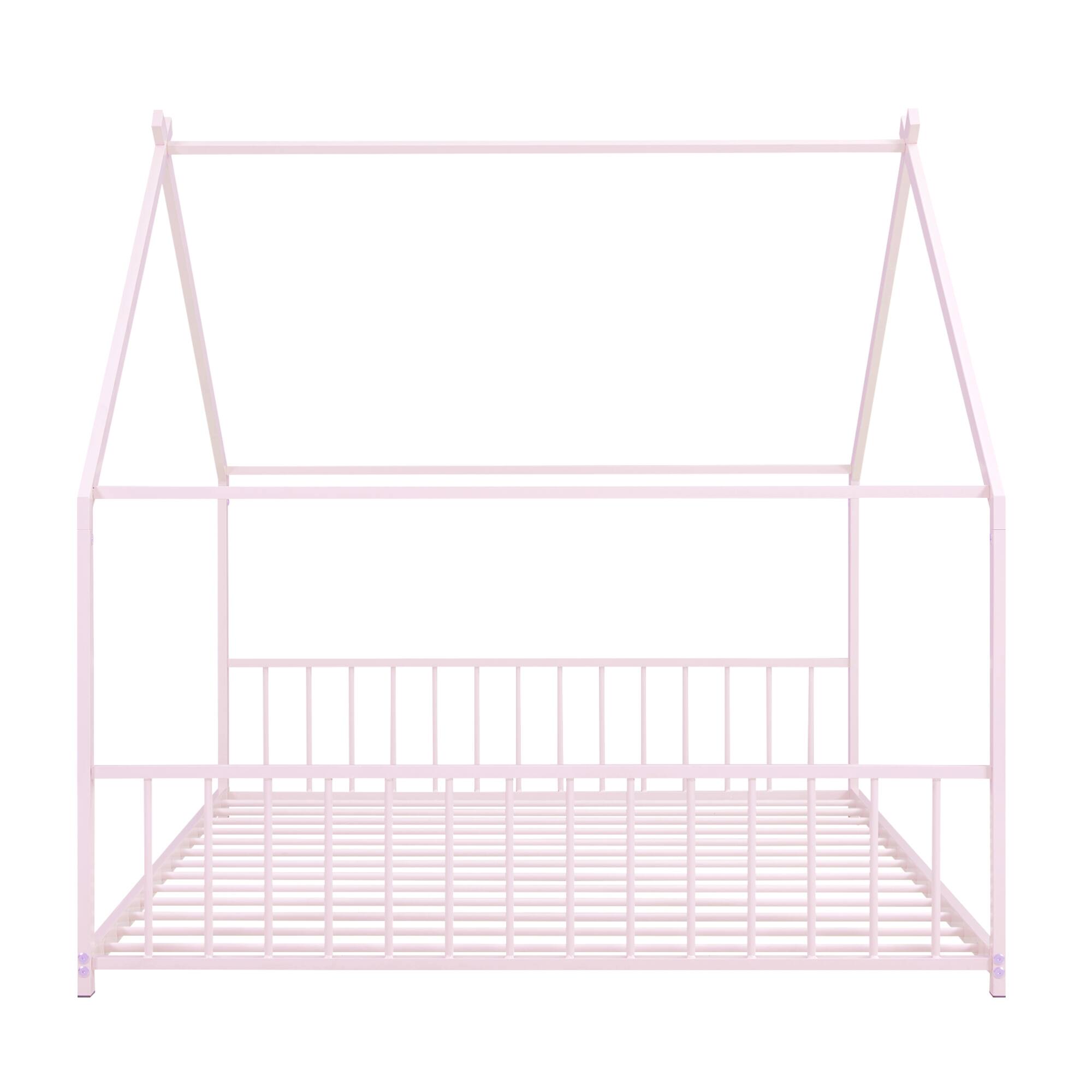 Alt View 2. GOODSILO - Full Size Metal House Bed with Playhouse Roof Design for Kids Room Furniture and Sleep Space - Pink.