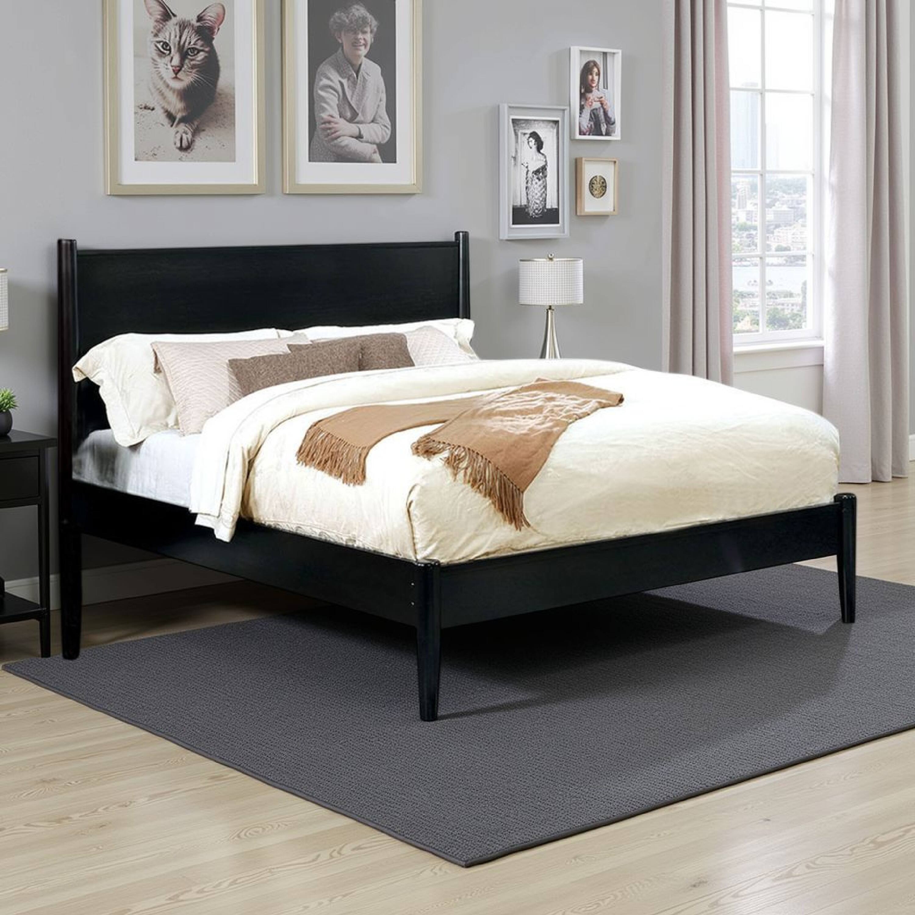 Alt View 5. Manhattan Lane - Mid Century Modern Wood Queen Bed with Round Tapered Legs - Black.