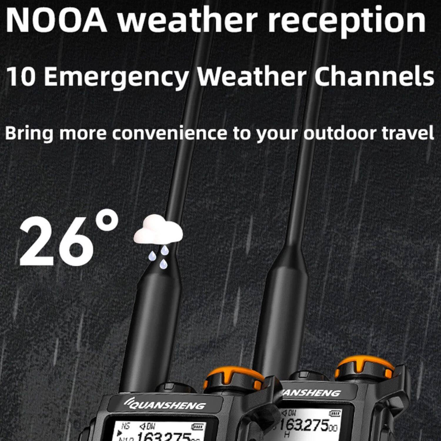 NOOA weather reception
10 Emergency Weather Channels
Bring more convenience to your outdoor travel
26°
QUANSHENG
163.275 MHz