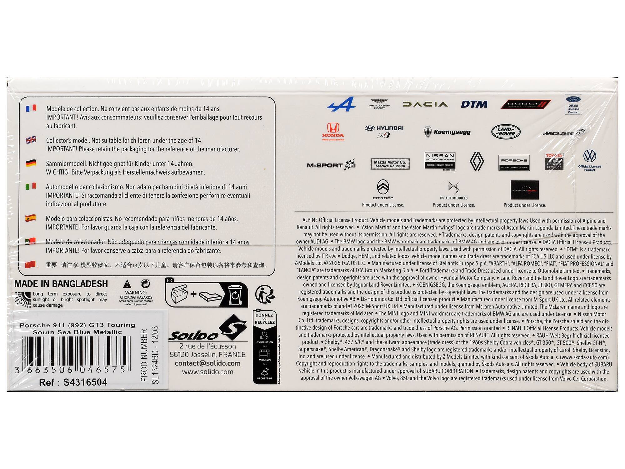 Modelle de collection. Ne convient pas aux enfants de moins de 14 ans. IMPORTANT! Avis aux consommateurs: veuillez conserver l'emballage au fabricant.  
Collector's model. Not suitable for children under the age of 14. IMPORTANT! Please retain the packaging for the reference of the manufacturer.  
Sammlermodell. Nicht geeignet für Kinder unter 14 Jahren. WICHTIG! Bitte Verpackung als Herstellernachweis aufbewahren.  
Automodello per collezionismo. Non adatto per bambini di età inferiore di 14 anni. IMPORTANTE! Si raccomanda al cliente di tenere la confezione per indicazione al produttore.  
Modelo coleccionistas. No recomendado para niños menores de 14 años. IMPORTANTE! Por favor guarde la caja con la referencia del fabricante.  
Modelo de coleccionador. Não adequado para crianças com idade inferior a 14 anos. IMPORTANTE! Por favor conserve a caixa para a referencia do fabricante.  

MADE IN BANGLADESH  
WARNING: Long term exposure to direct sunlight or bright spotlight may