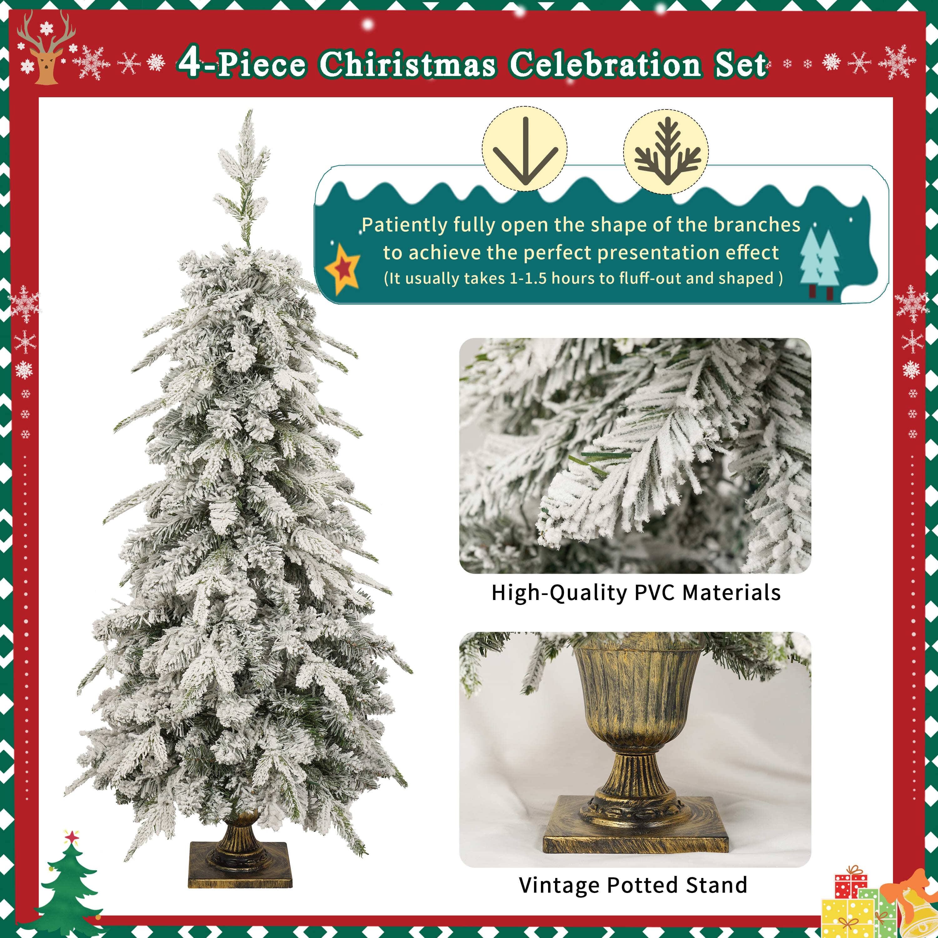 4-Piece Christmas Celebration Set

- Patiently fully open the shape of the branches to achieve the perfect presentation effect (It usually takes 1-1.5 hours to fluff-out and shaped)
- High-Quality PVC Materials
- Vintage Potted Stand