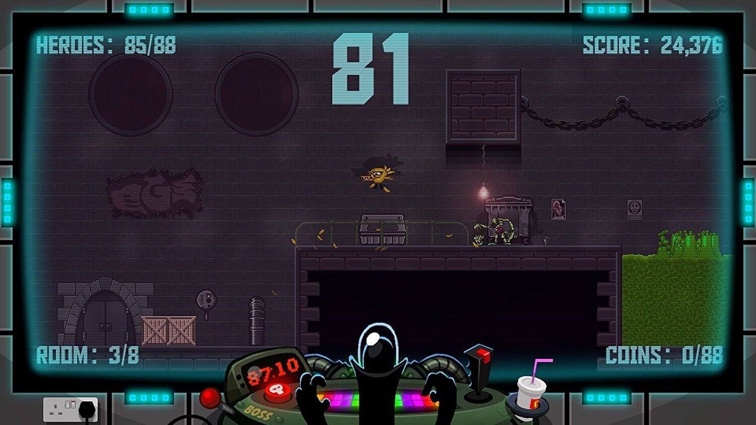 HERDES: 85/88  
SCORE: 24,376  
ROOM: 3/8  
COINS: 0/88  
87:10  
BOSS