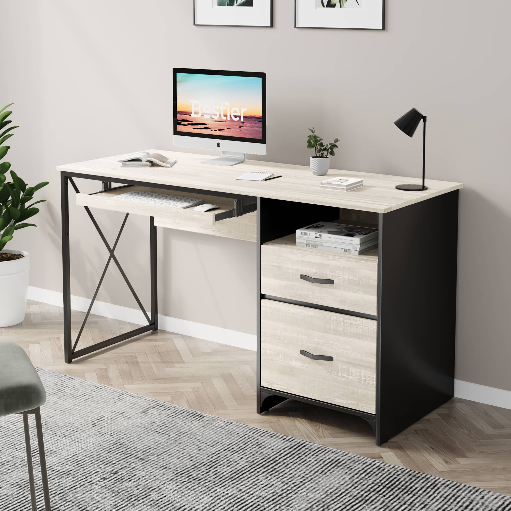 Front. Bestier - Computer Desk with Keyboard Tray and Storage Drawers - 55" Wide - White.