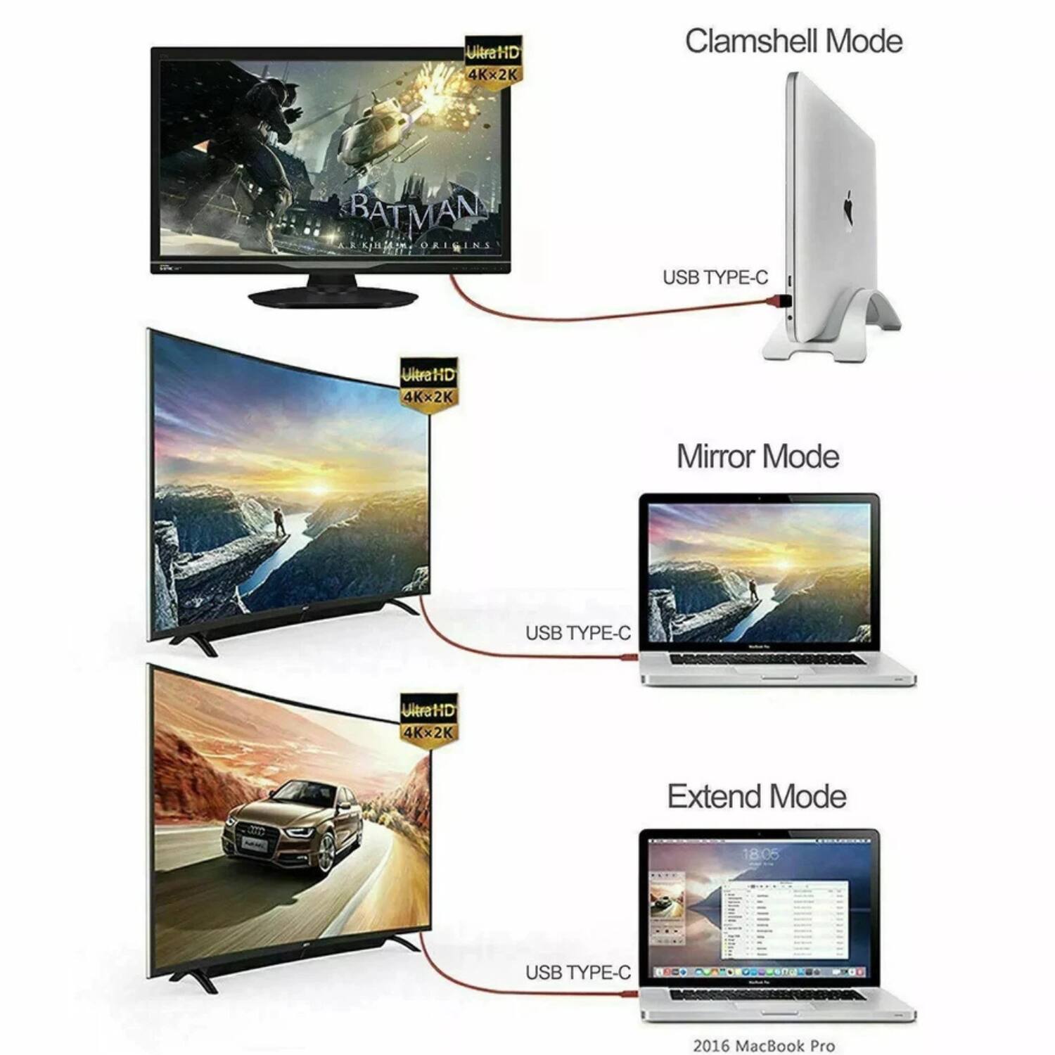 UltraHD 4Kx2K Clamshell Mode  
BATMAN ORIGINS  
USB TYPE-C  

UltraHD 4Kx2K Mirror Mode  
USB TYPE-C  

UltraHD 4Kx2K Extend Mode  
USB TYPE-C  

2016 MacBook Pro