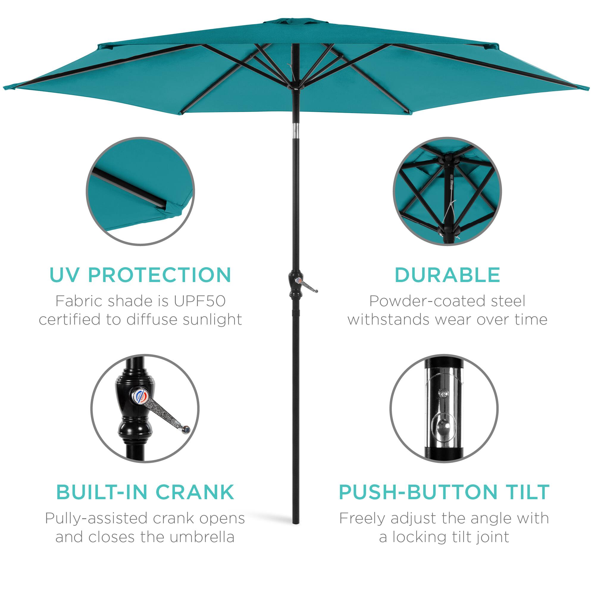 - **UV PROTECTION**  
  Fabric shade is UPF50 certified to diffuse sunlight

- **DURABLE**  
  Powder-coated steel withstands wear over time

- **BUILT-IN CRANK**  
  Pulley-assisted crank opens and closes the umbrella

- **PUSH-BUTTON TILT**  
  Freely adjust the angle with a locking tilt joint