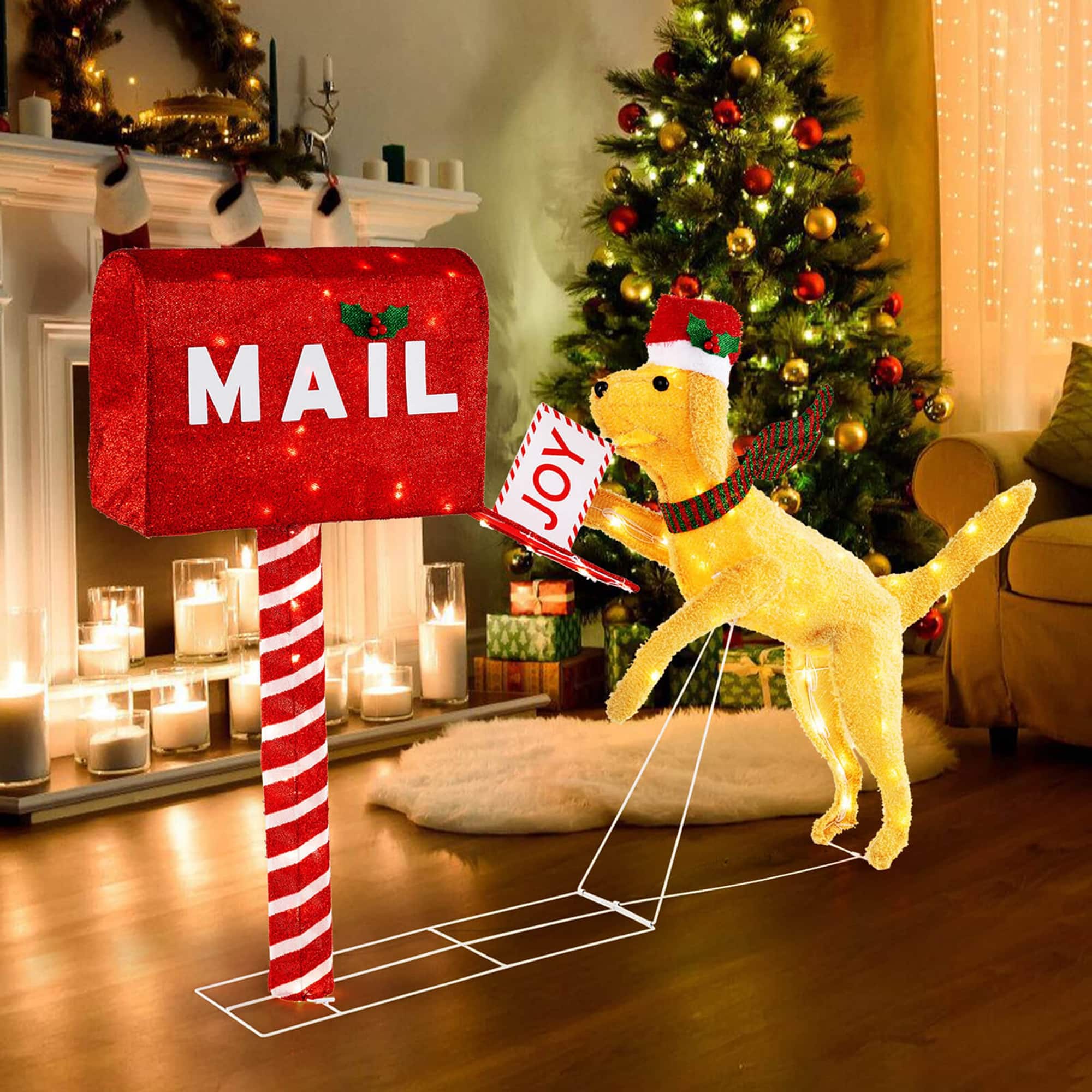 Costway - 3.5FT Lighted Dachshund Climbing Mailbox Pre-Lit Christmas Holiday Decoration Advent Calendar - Red