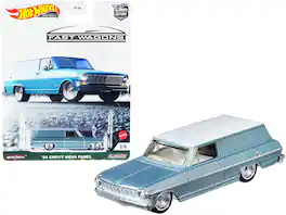 1964 Chevrolet Nova Panel Top "Fast Wagons" Series Diecast Model Car by Hot Wheels - Light Blue Metallic With White