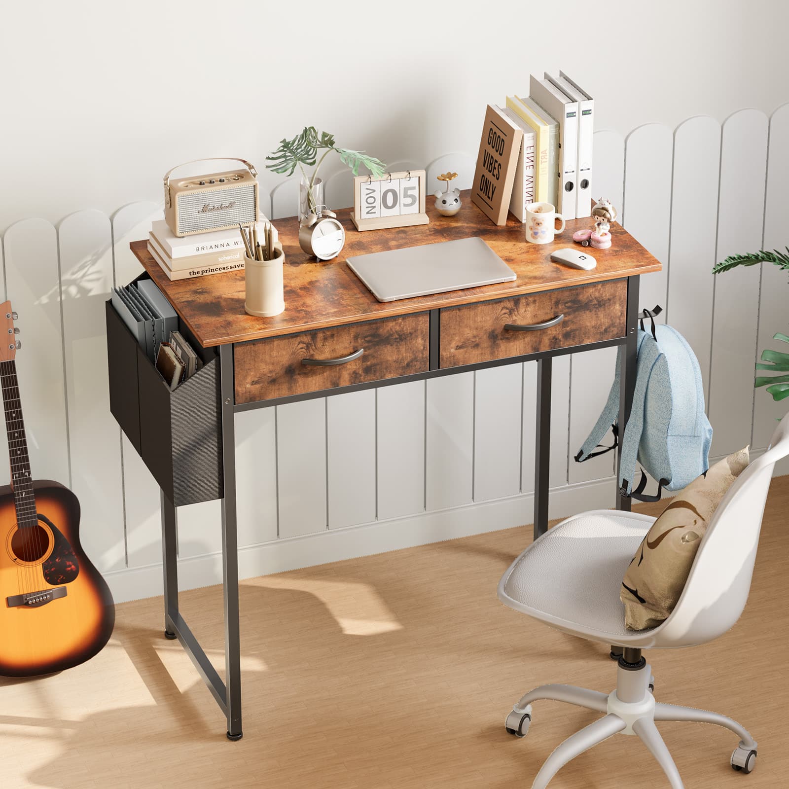 Lirago - 32 Inch Small Home Bedroom Computer Desk Writing Study with Storage Space Fabric Side Bag Headphone Hook Metal Frame