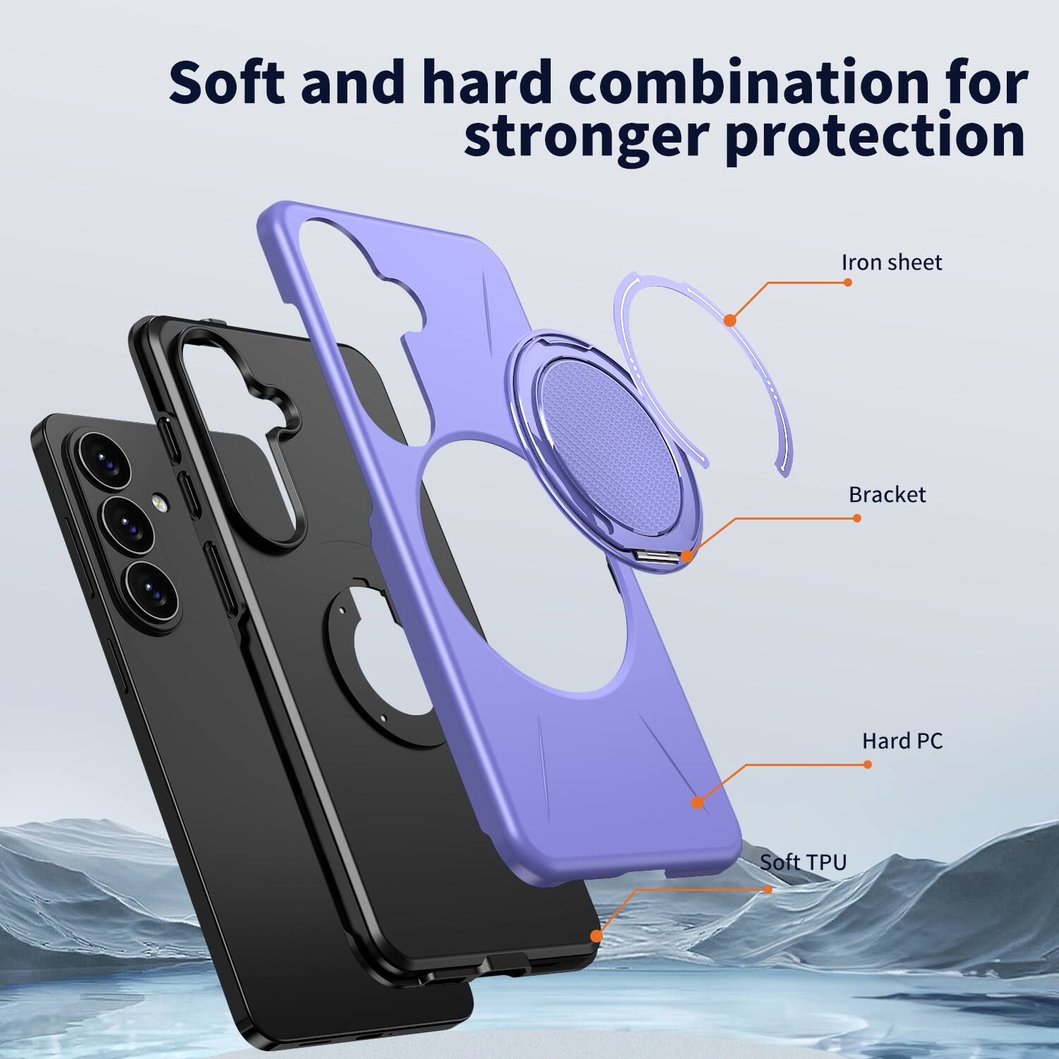 Soft and hard combination for stronger protection

Iron sheet
Bracket
Hard PC
Soft TPU