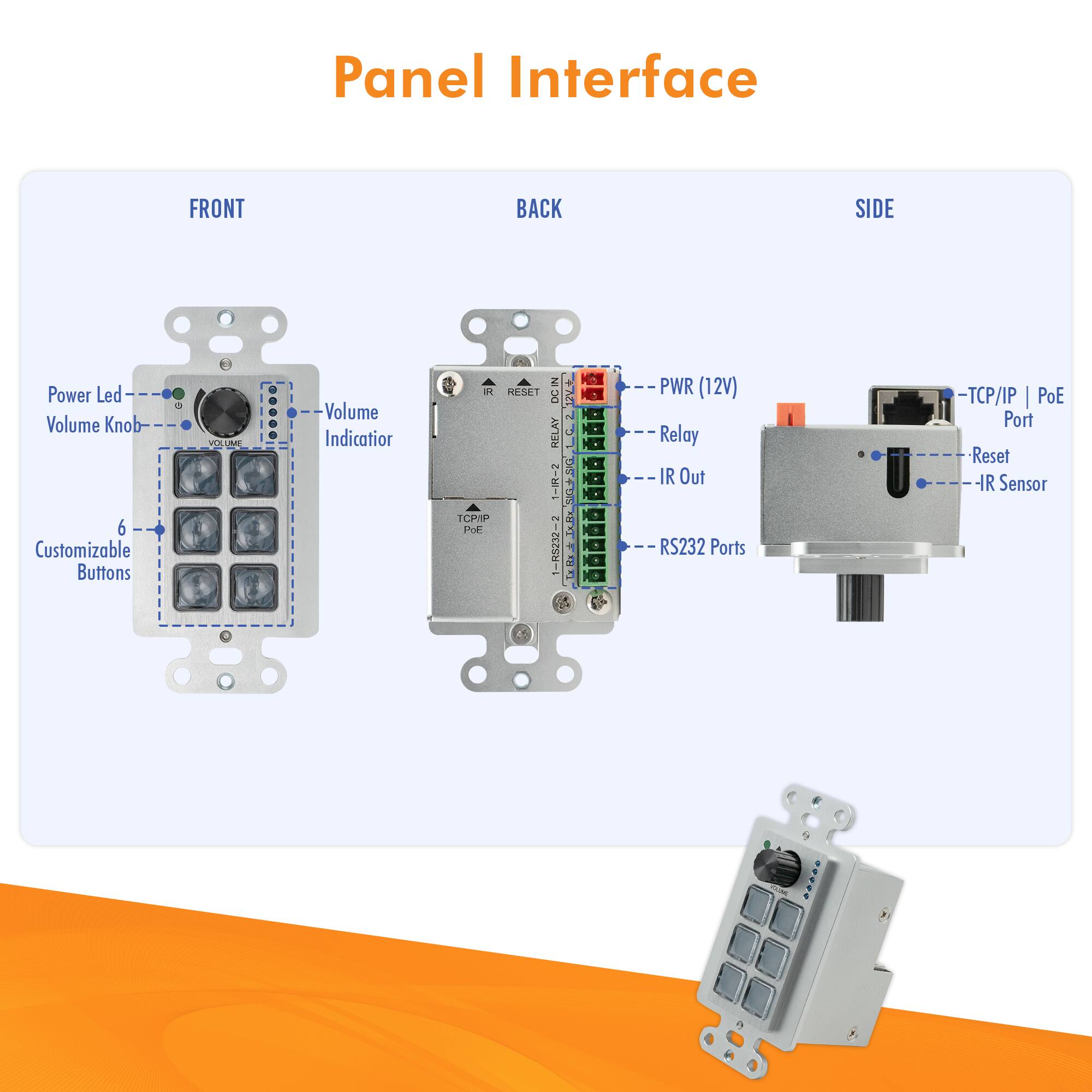 Panel Interface

FRONT
- Power Led
- Volume Knob
- Volume Indicator
- 6 Customizable Buttons

BACK
- PWR (12V)
- Relay
- IR Out
- RS232 Ports

SIDE
- TCP/IP | PoE Port
- Reset
- IR Sensor