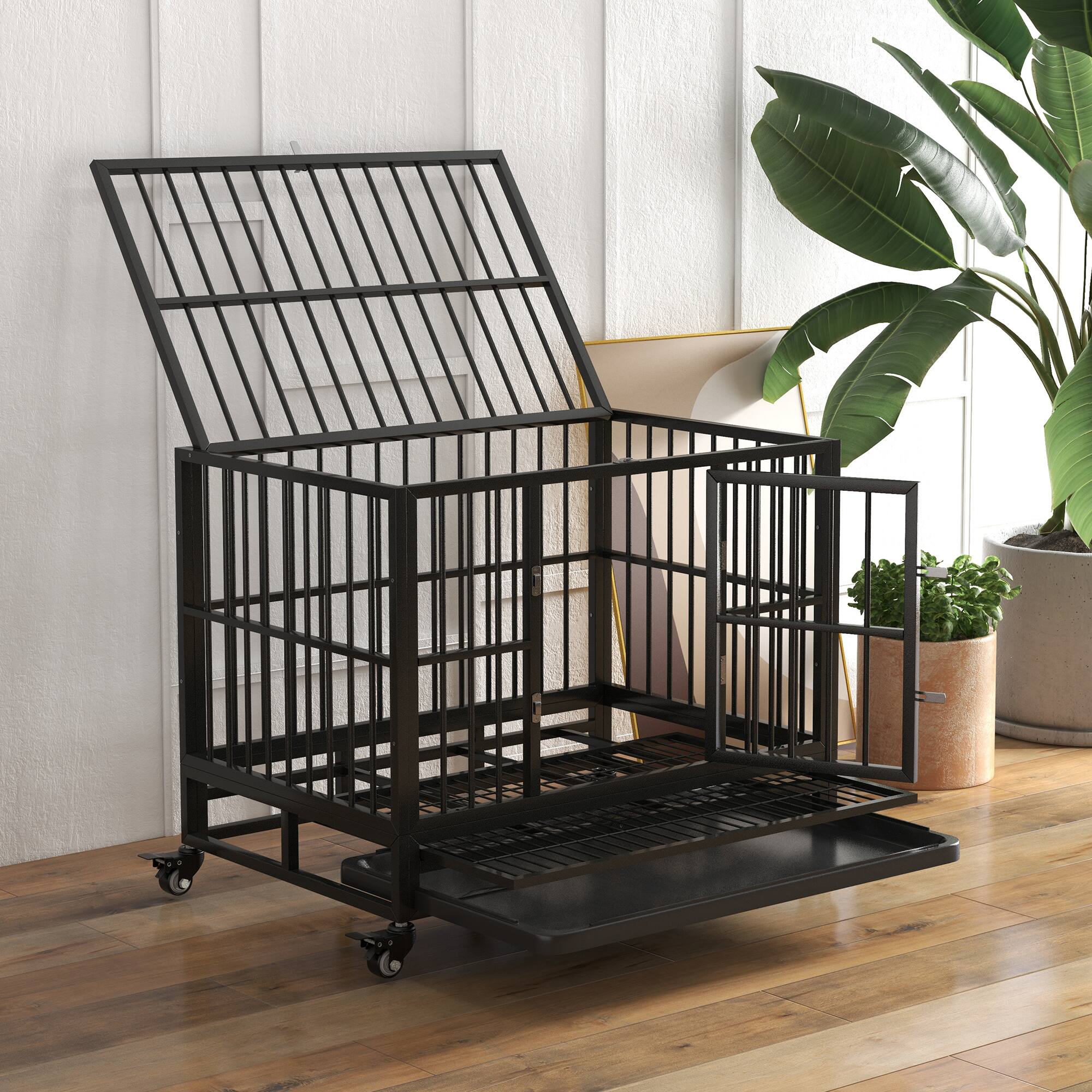 Alt View 5. Pawhut - 36" Heavy Duty Dog Crate Metal Cage Kennel with Lockable Wheels, Double Door and Removable Tray.