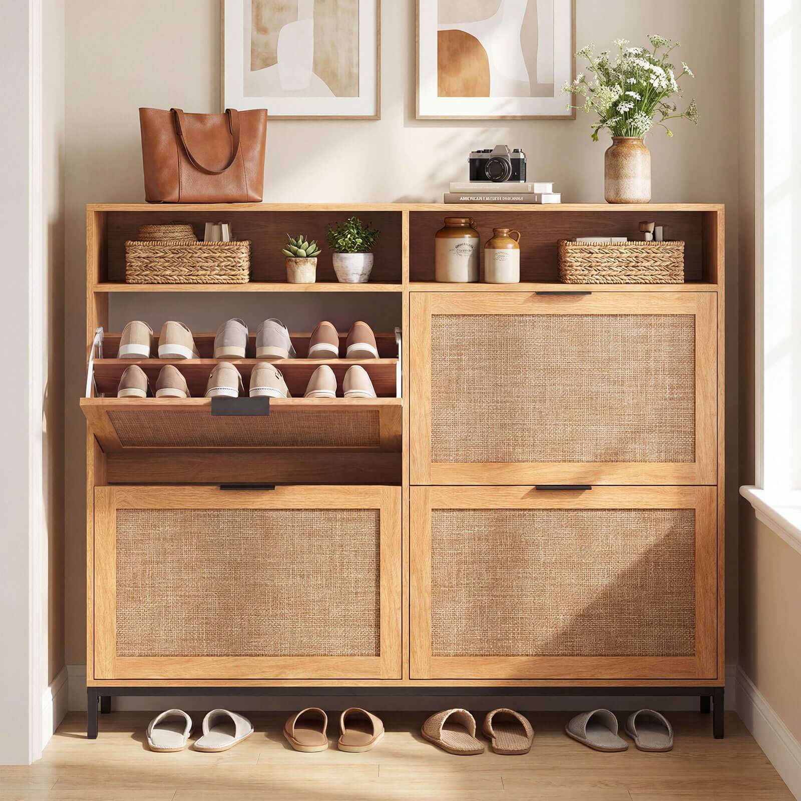 Alt View 3. Costway - Costway Shoe Storage Cabinet with 4 Flip Drawers, Adjustable Shelves, Open Compartments - Walnut.
