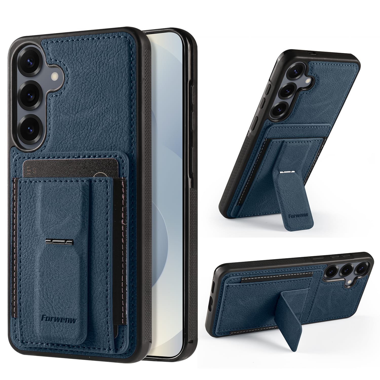 Dteck - Slim Card Holder Case for Samsung Galaxy S25, Shockproof Wallet Protective Cover with Kickstand - Blue