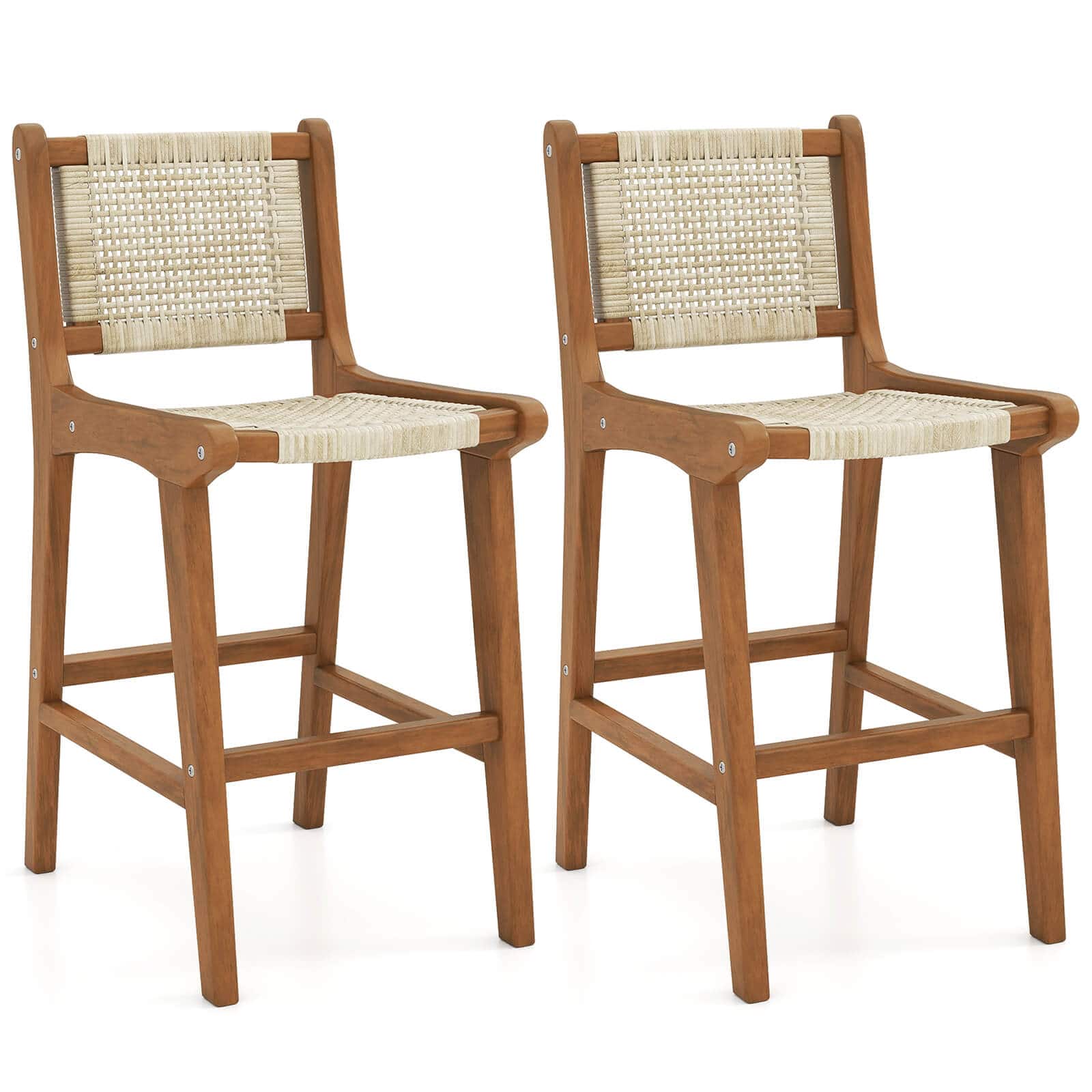 Costway - Coatway 2 PCS Outdoor Counter Height Bar Stool with Wood Frame Back &Footrest for Balcony - Natural