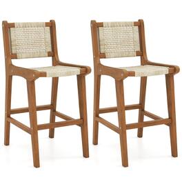 Costway - Coatway 2 PCS Outdoor Counter Height Bar Stool with Wood Frame Back &Footrest for Balcony - Natural