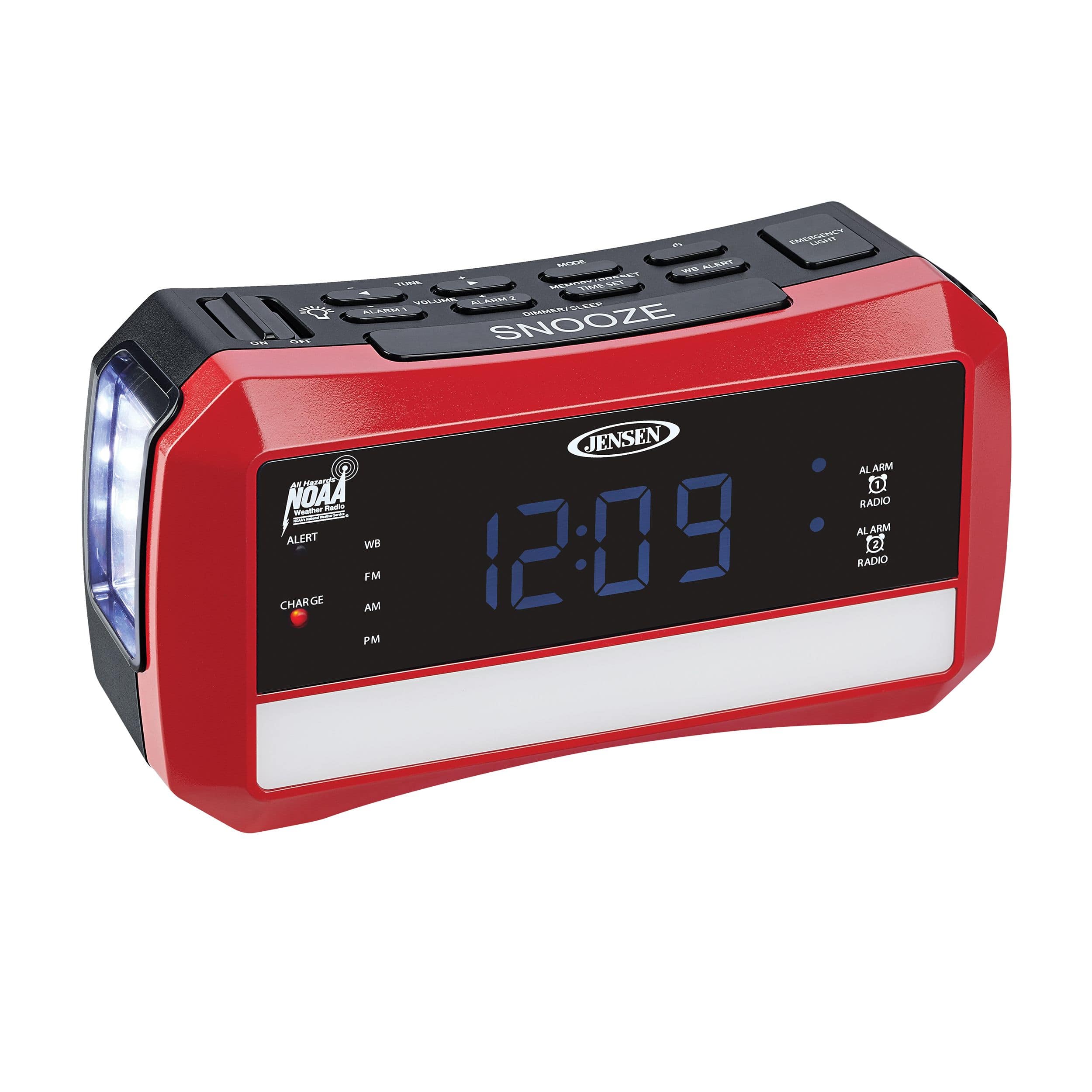 Jensen - JEP-775 Digital AM/FM Weather Band Alarm Clock Radio with NOAA Weather Alert, Emergency Light and Built-in Flashlight - Red/Black