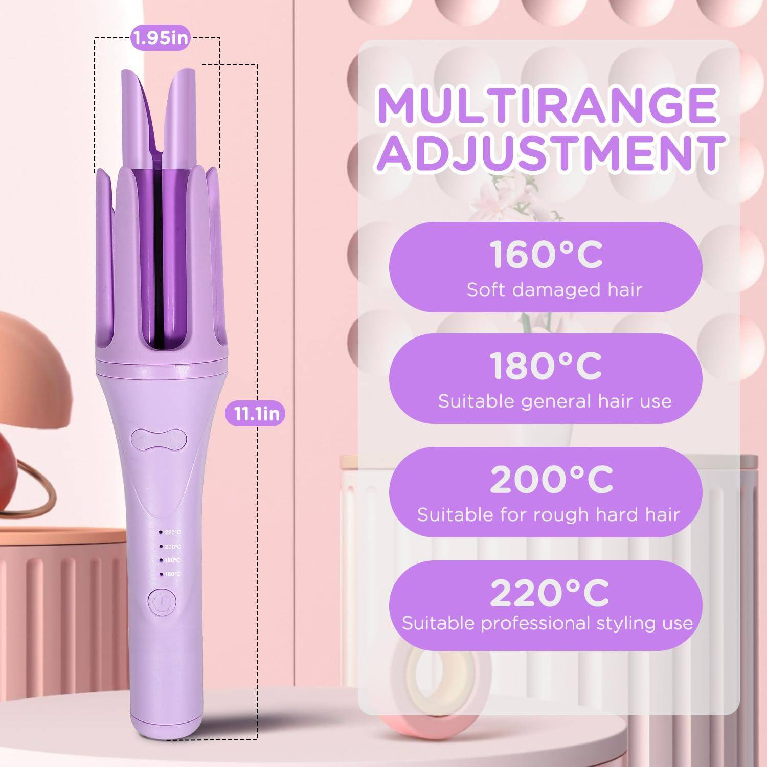 1.95in MULTIRANGE ADJUSTMENT  
160°C Soft damaged hair  
180°C Suitable general hair use  
200°C Suitable for rough hard hair  
220°C Suitable professional styling use