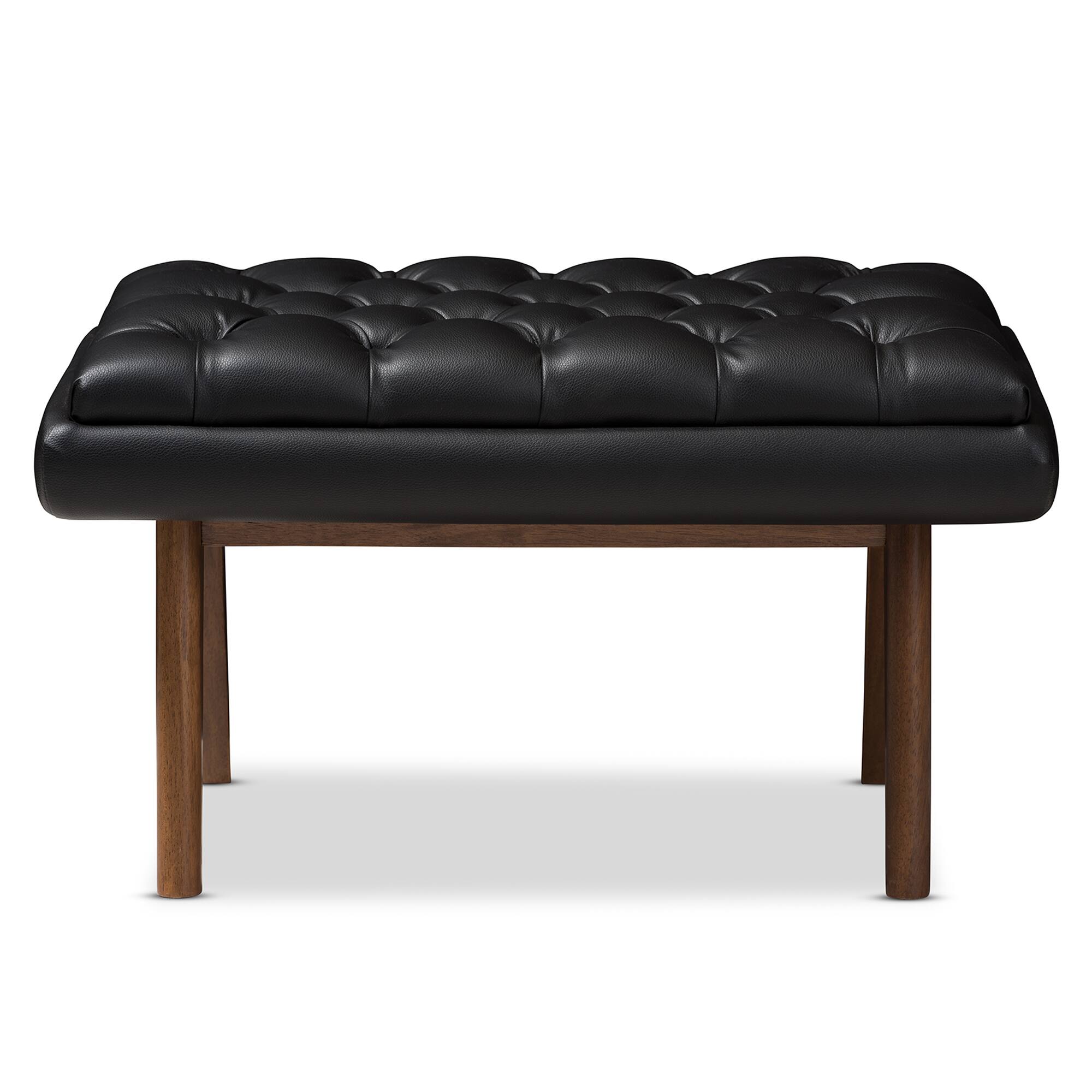Angle. Baxton Studio - Annetha Mid-Century Modern Faux Leather Upholstered Walnut Finished Wood Ottoman - Black.
