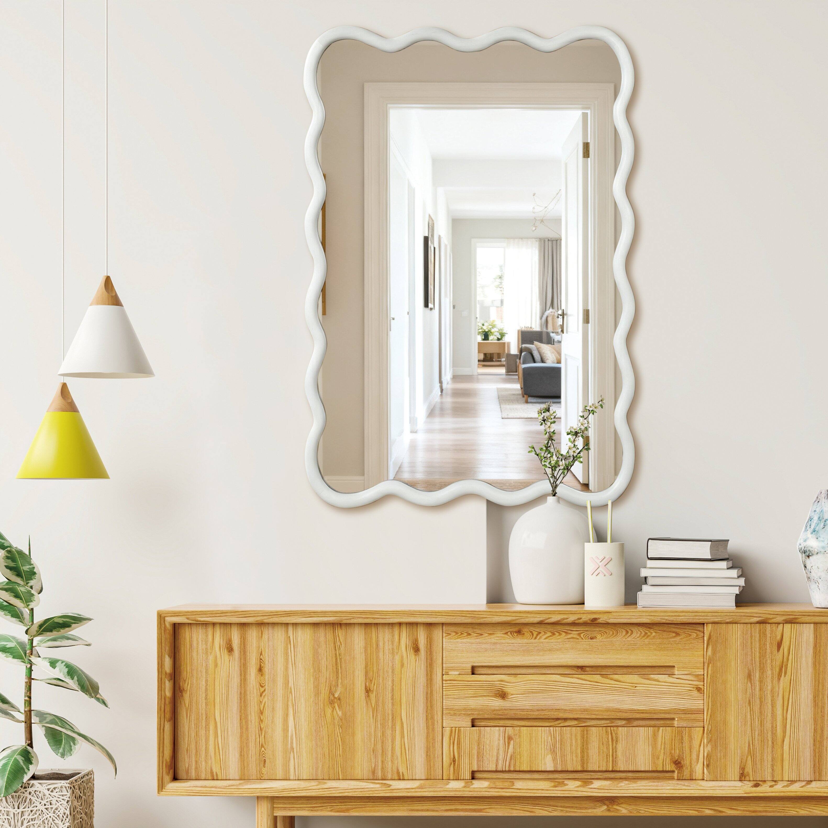 Back. Z-Edge - Wavy Wood Bathroom Vanity Mirror, 24"x36" Boho Decorative Wall Mirror with Solid Wood Frame for Living Room, Bedroom - White.