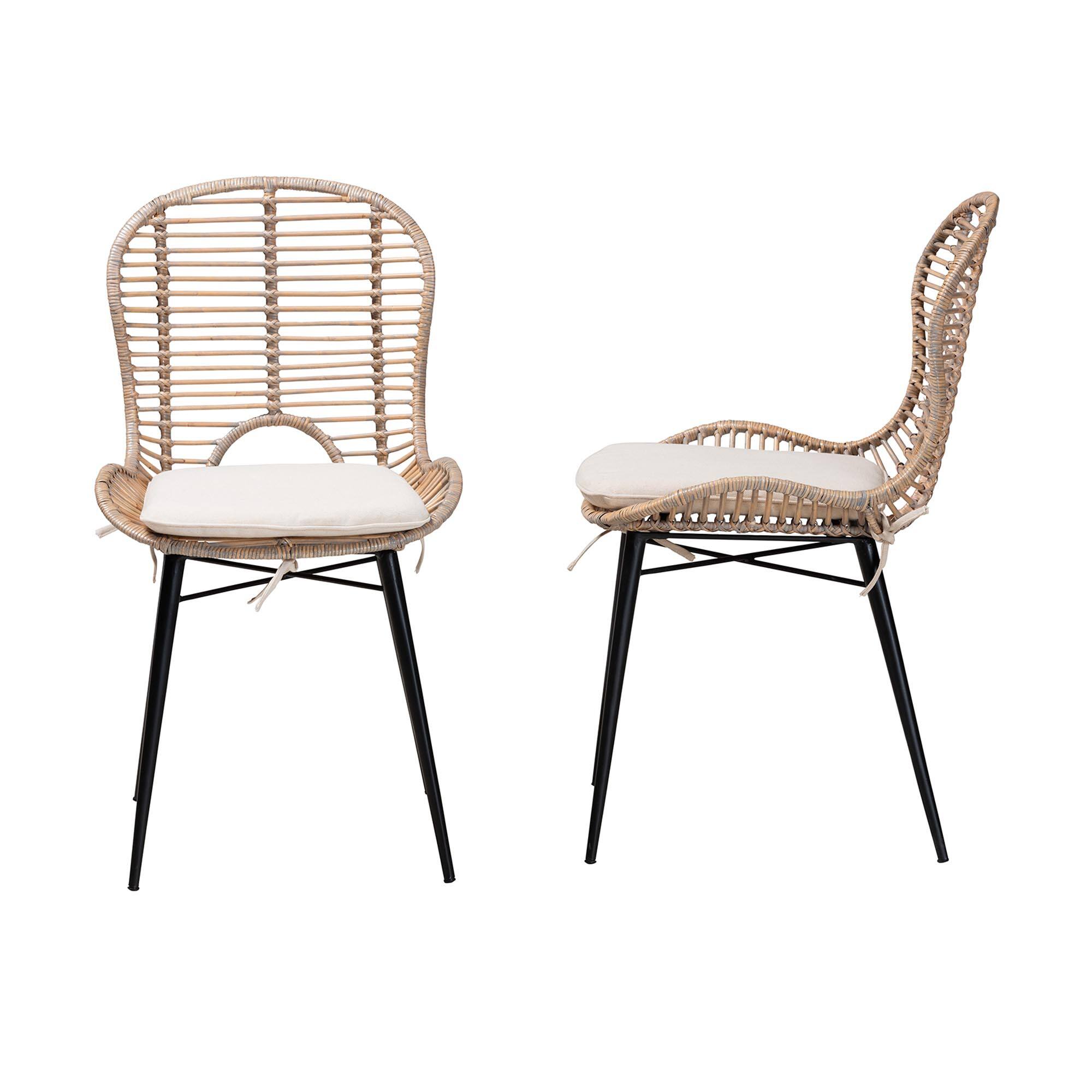 Left. bali & pari - Brenna Modern Bohemian Rattan and Metal 2-Piece Dining Chair Set - Greywash/Natural Brown/White.