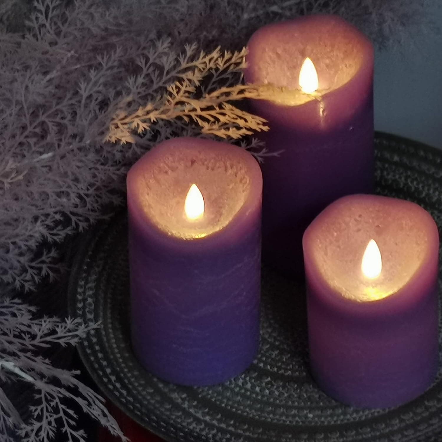 Alt View 4. FINEAK - 3 Pack Rustic Lavender Purple Flameless Pillar Candles:Real Wax, Battery Operated with 6H Timer,Realistic Flickering LED - Purple.