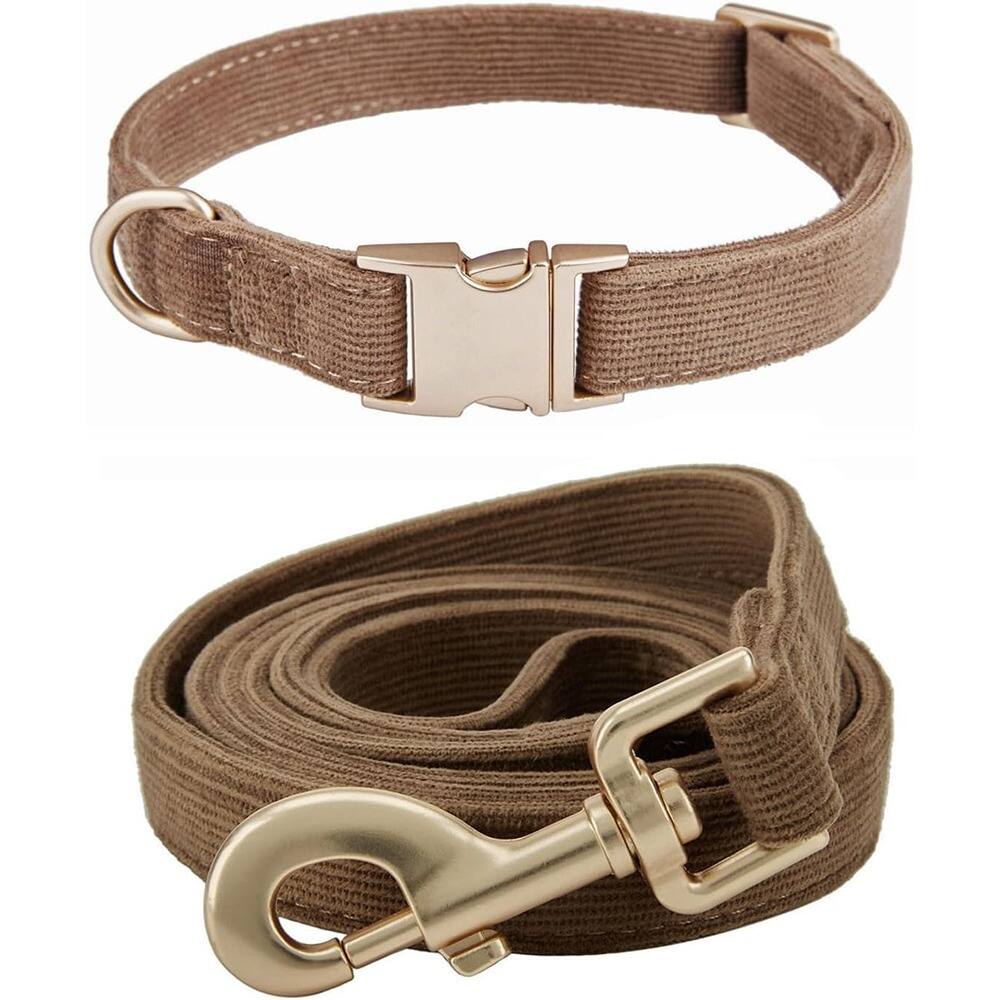 Angle. MOSZAR LLC - Soft Corduroy Dog Collar & Leash Set, Adjustable, Metal Buckle, Durable, Brown for Medium Dogs - Brown.