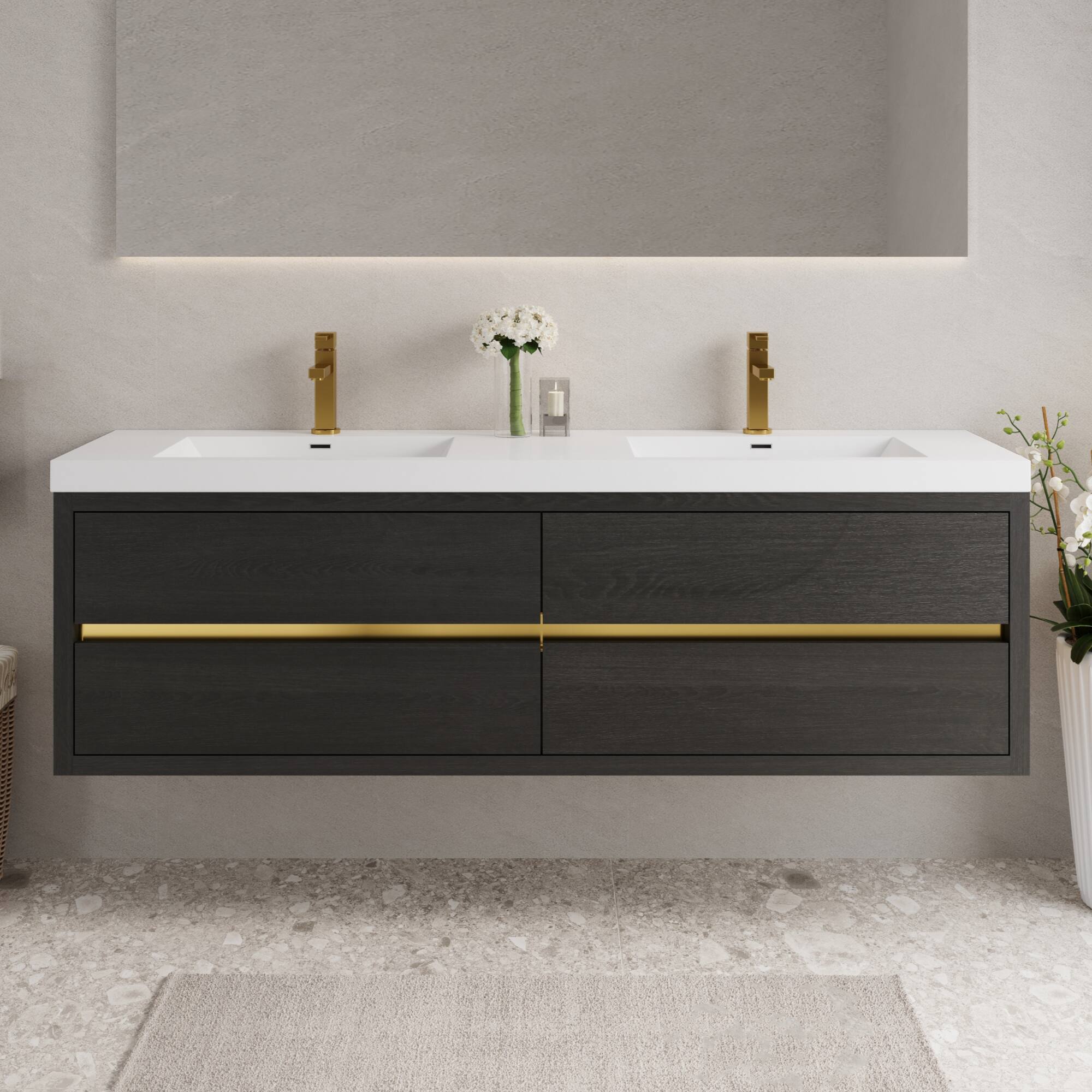 Alt View 1. Boyel Living - 72In Wall-Mounted Bathroom Vanity Double Sinks Espresso Stone Resin Countertop Soft Close Drawers - Espresso.