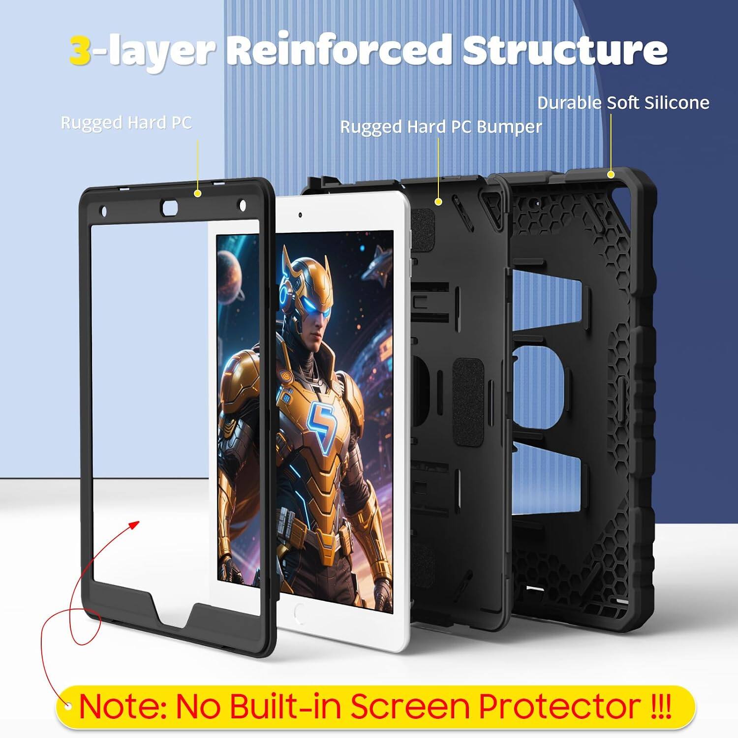 3-layer Reinforced Structure  
Durable Soft Silicone  
Rugged Hard PC Bumper  

Note: No Built-in Screen Protector !!!