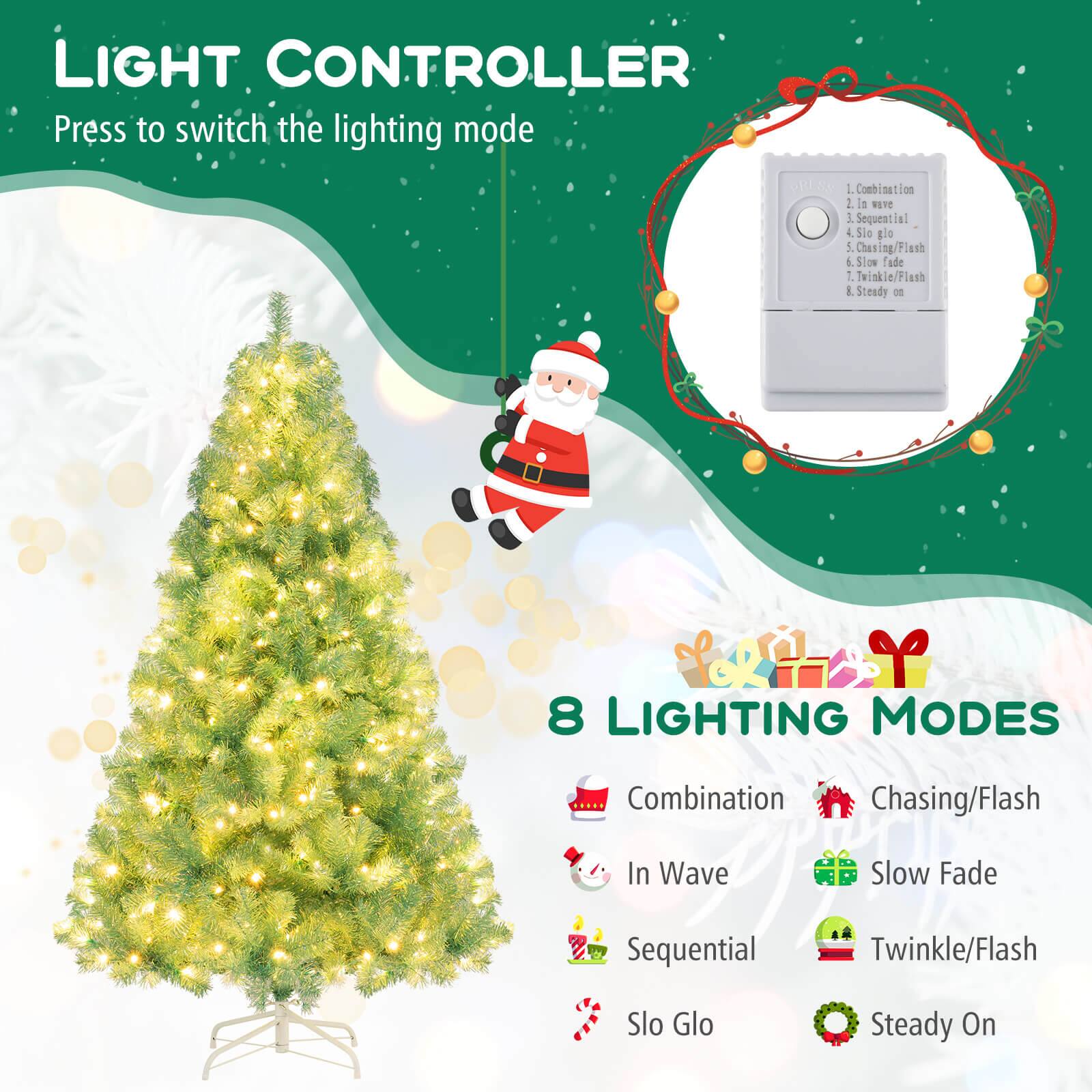 LIGHT CONTROLLER  
Press to switch the lighting mode  

1. Combination  
2. Sequential  
3. Slo Glo  
4. Chasing/Flash  
5. Slow Fade  
6. Twinkle/Flash  
7. Steady On  

8 LIGHTING MODES  
- Combination  
- Chasing/Flash  
- In Wave  
- Slow Fade  
- Sequential  
- Twinkle/Flash  
- Slo Glo  
- Steady On