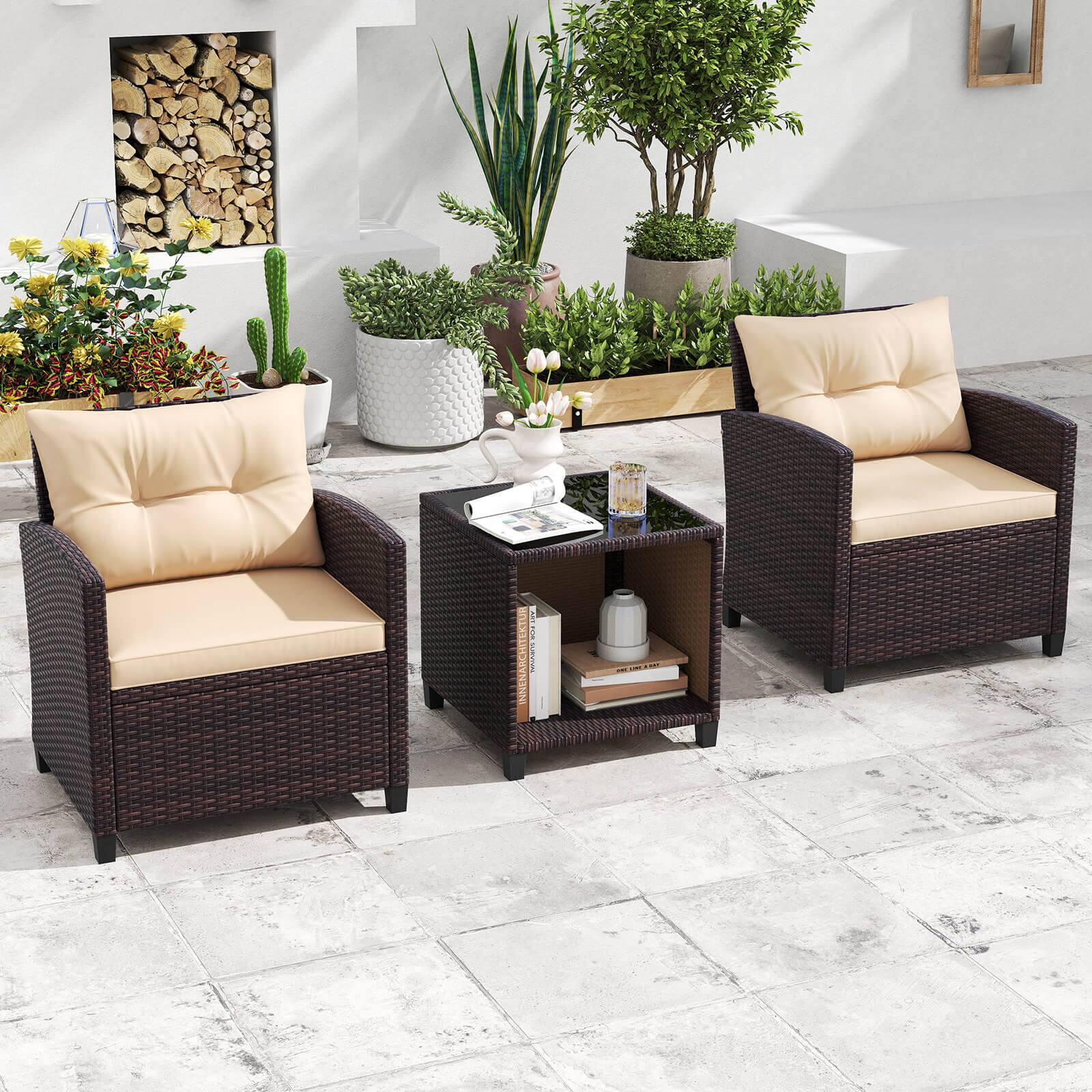 Alt View 3. Costway - Costway 3 PCS Patio Sofa Set with Cushions & Tempered Glass Tabletop for Backyard - Beige.