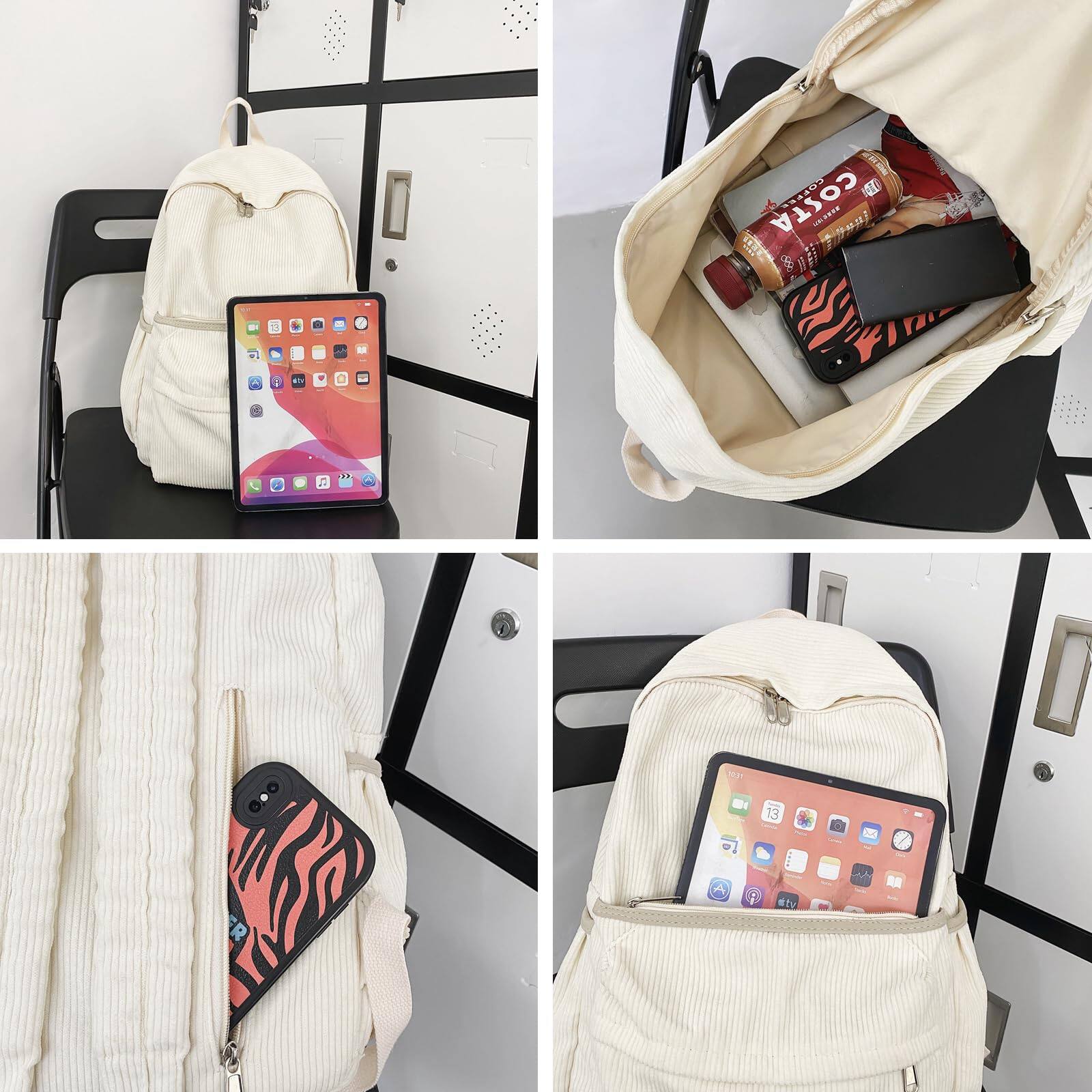 Alt View 1. Live At Space - Aesthetic Backpack Cute Corduroy School Supplies Laptop Bag for Teens Women Students Solid Color(Green) - Black.