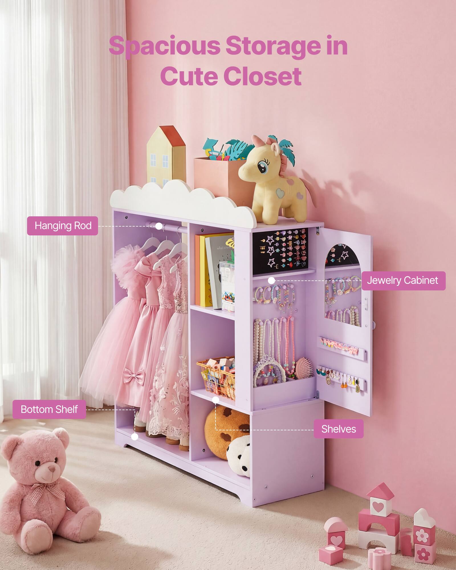 Spacious Storage in Cute Closet

- Hanging Rod
- Jewelry Cabinet
- Bottom Shelf
- Shelves